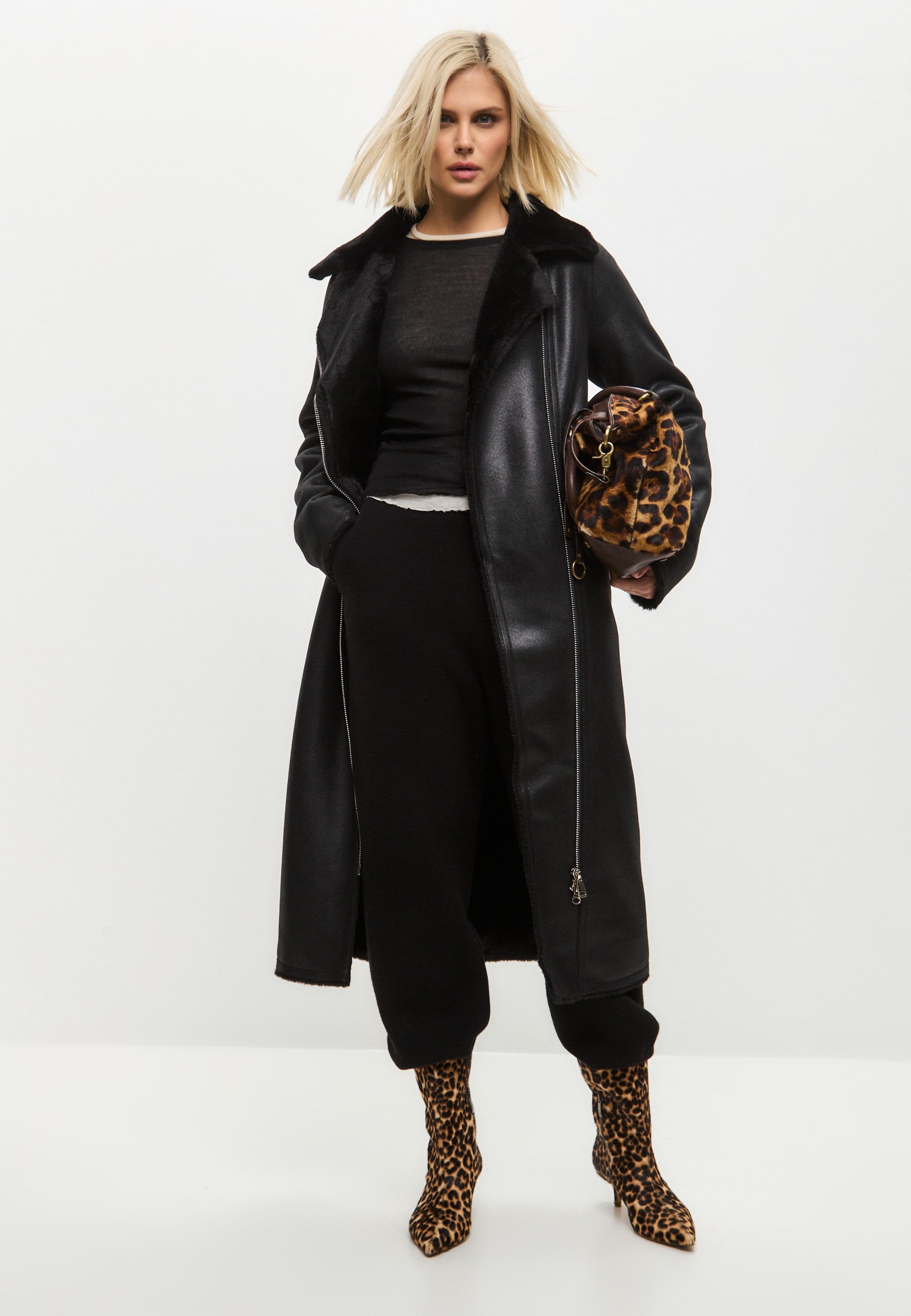 Black Faux Reversible Shearling Long Coat