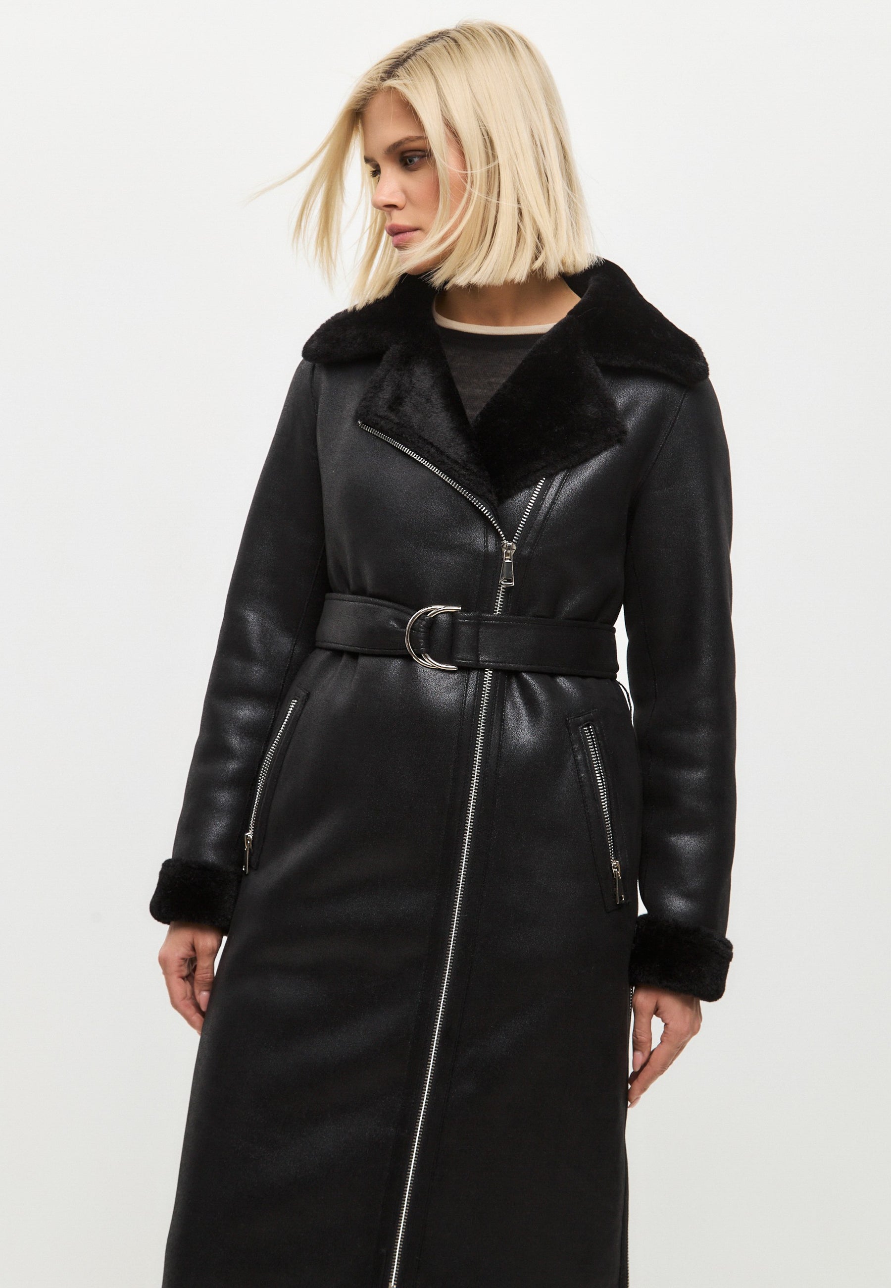 Black Faux Reversible Shearling Long Coat