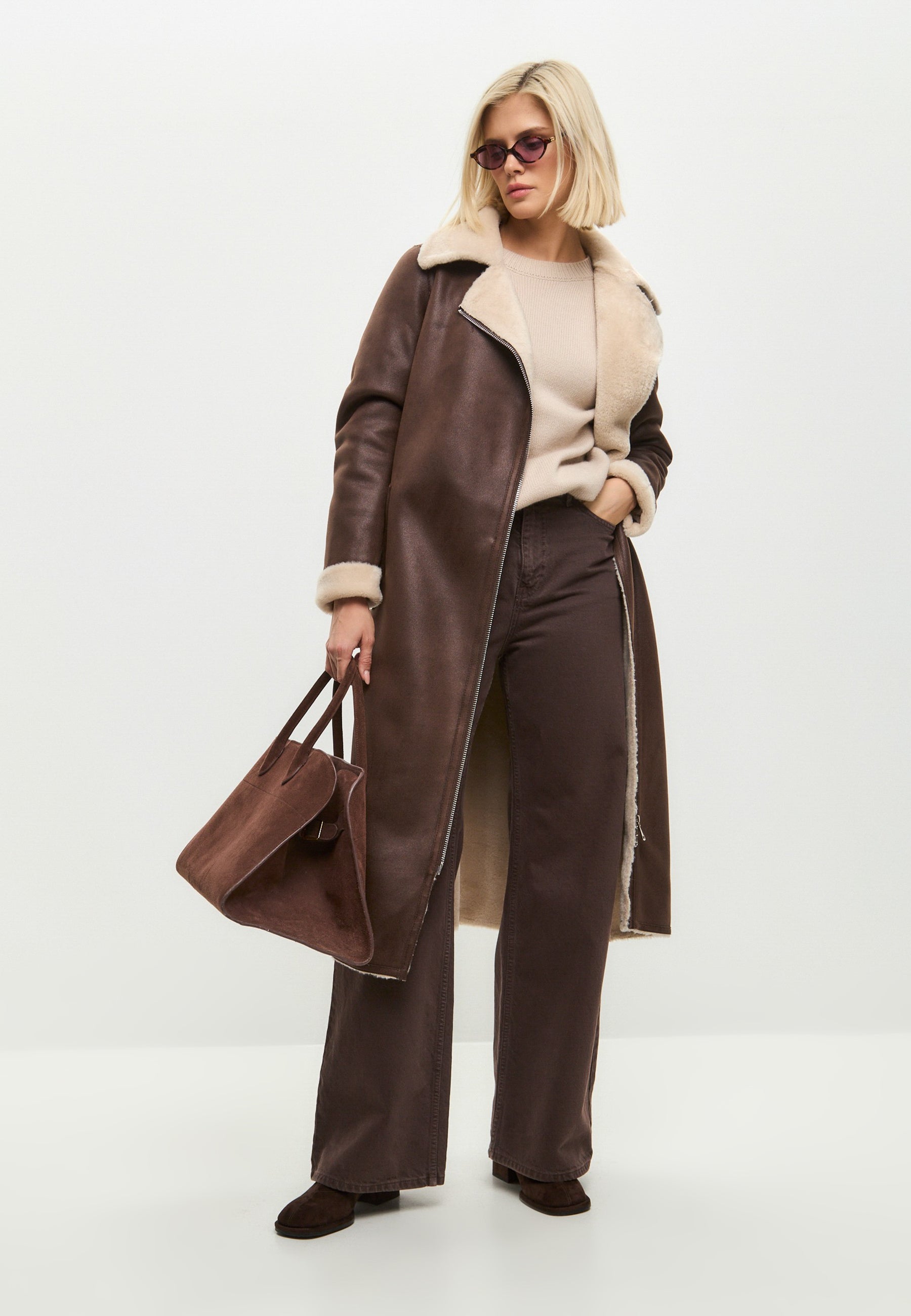 Brown Faux  Reversible Shearling Long Coat