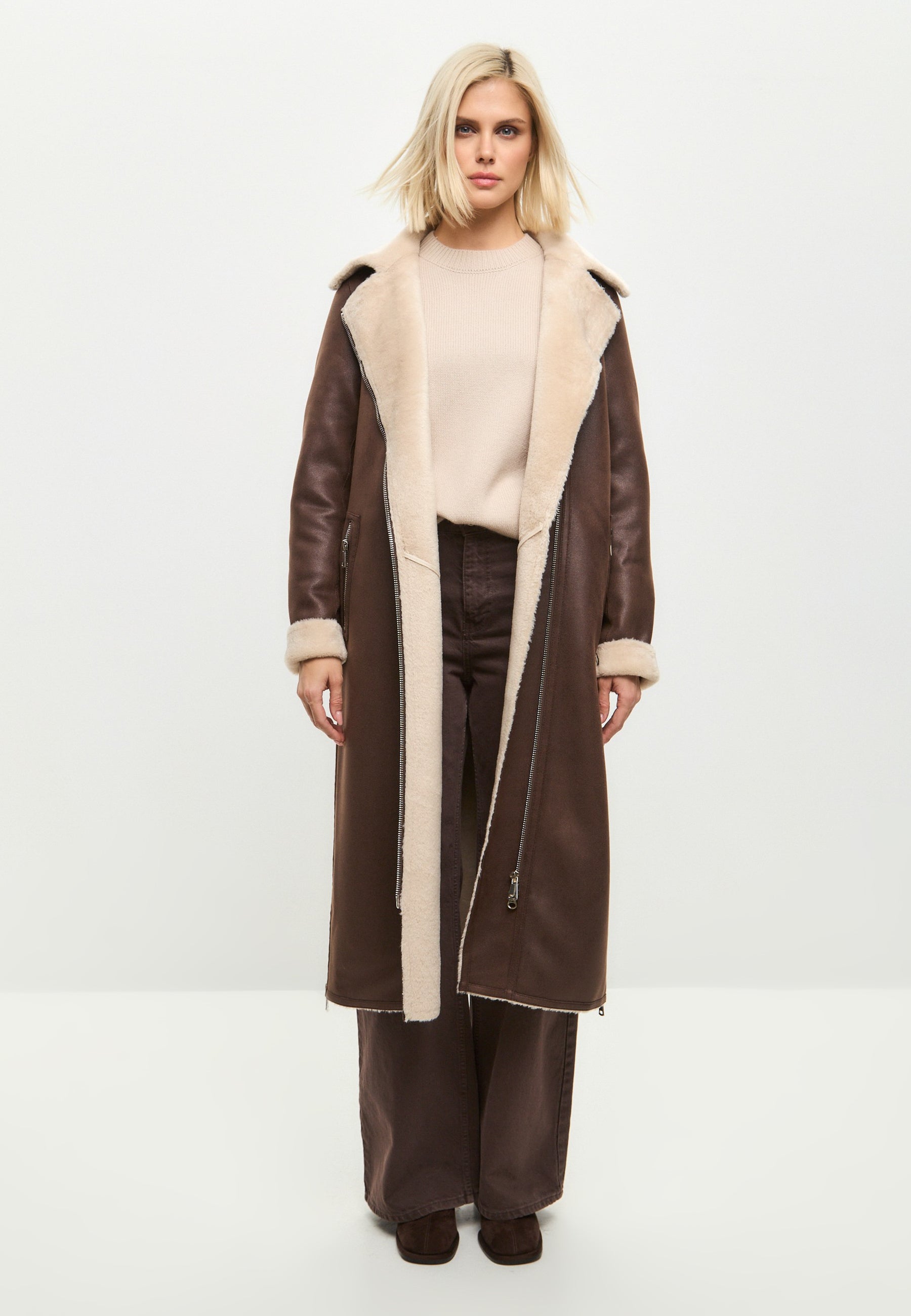 Brown Faux  Reversible Shearling Long Coat