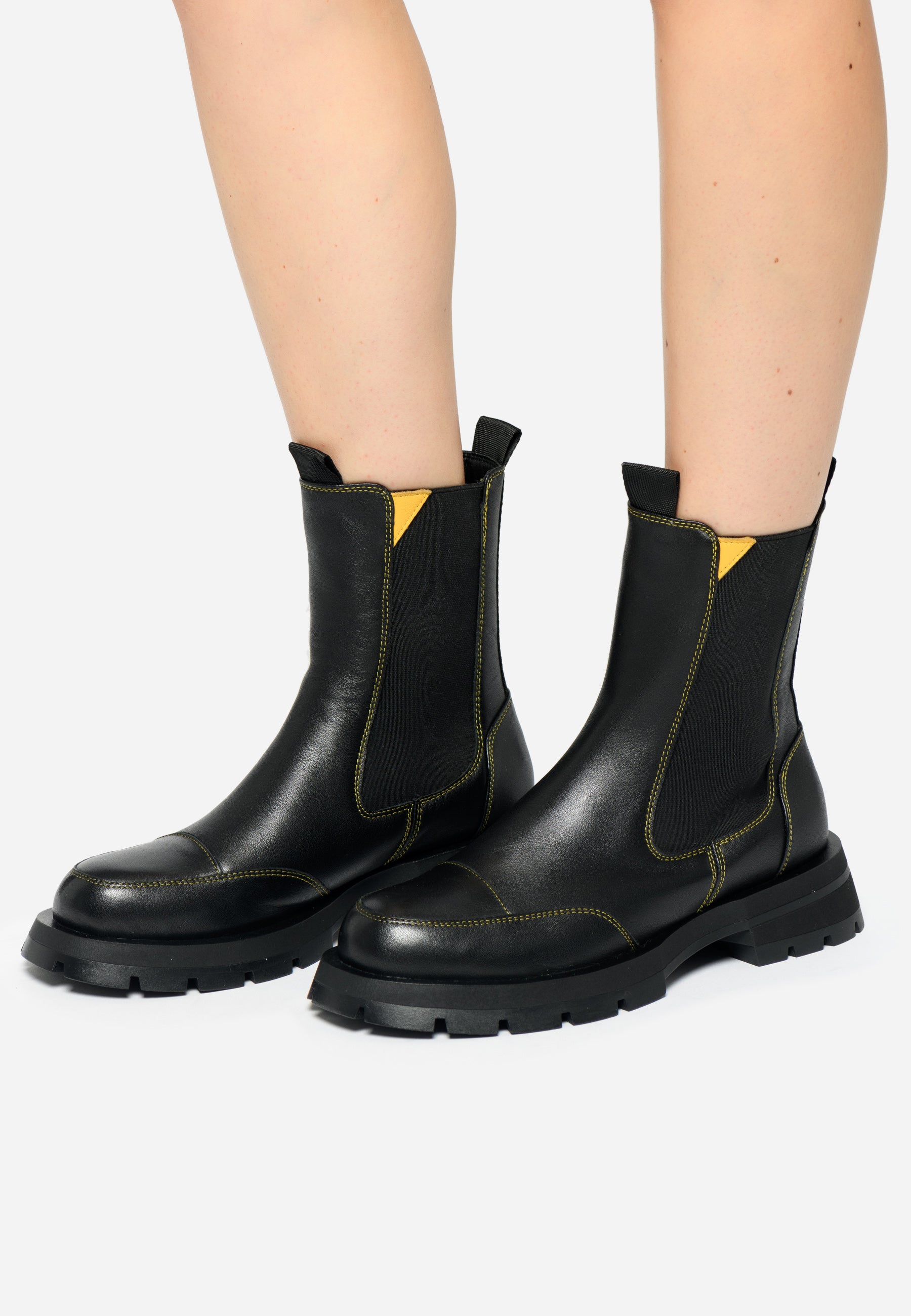 Black Chelsea Boots with Yellow Stitching - Sleek & Durable