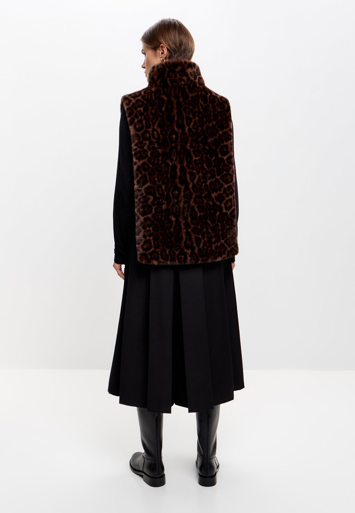 Top smanicato in pelliccia sintetica con colletto – Leopardo marrone