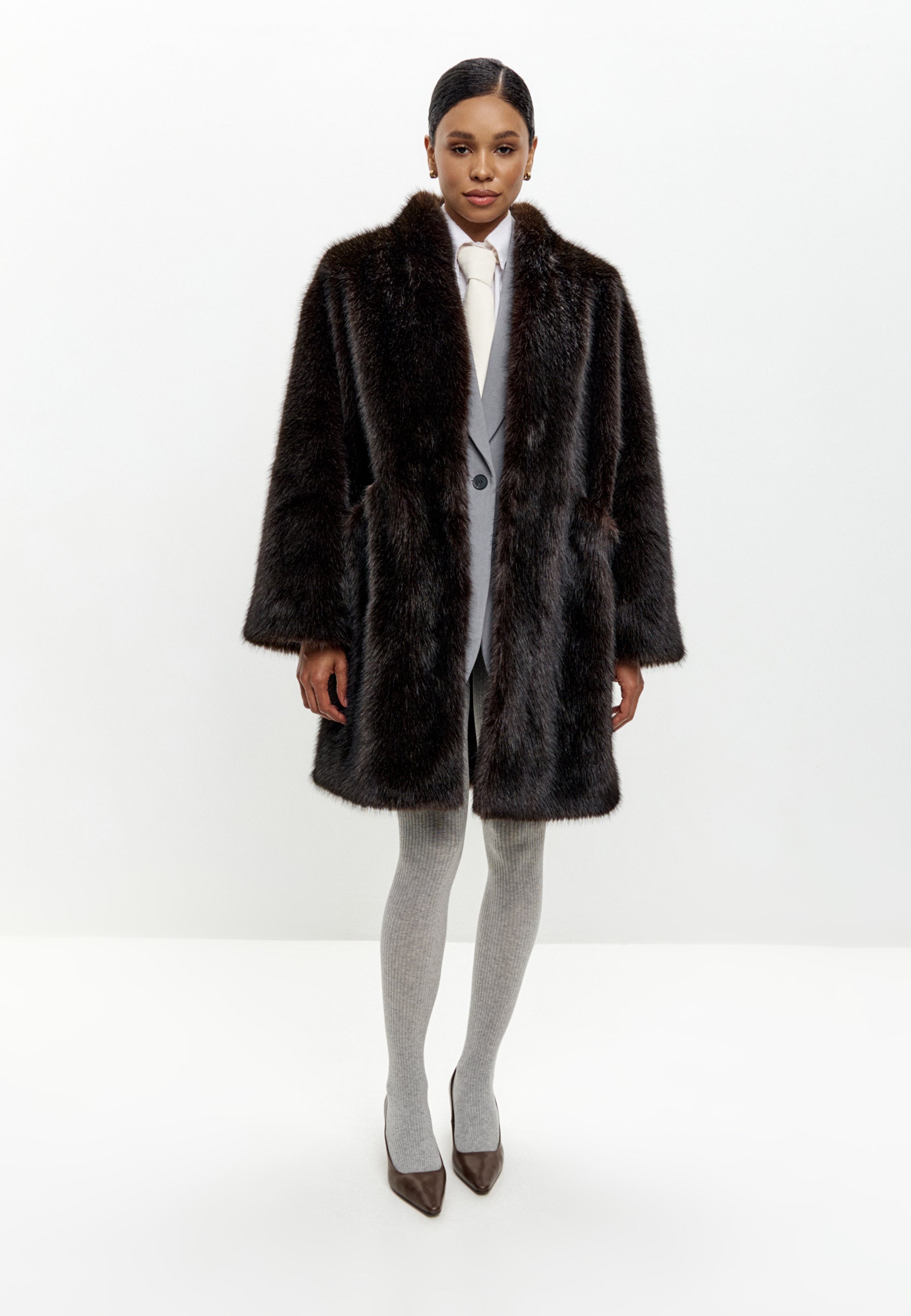 Dark Brown Faux Fur Coat – Long Luxury Winter Jacket