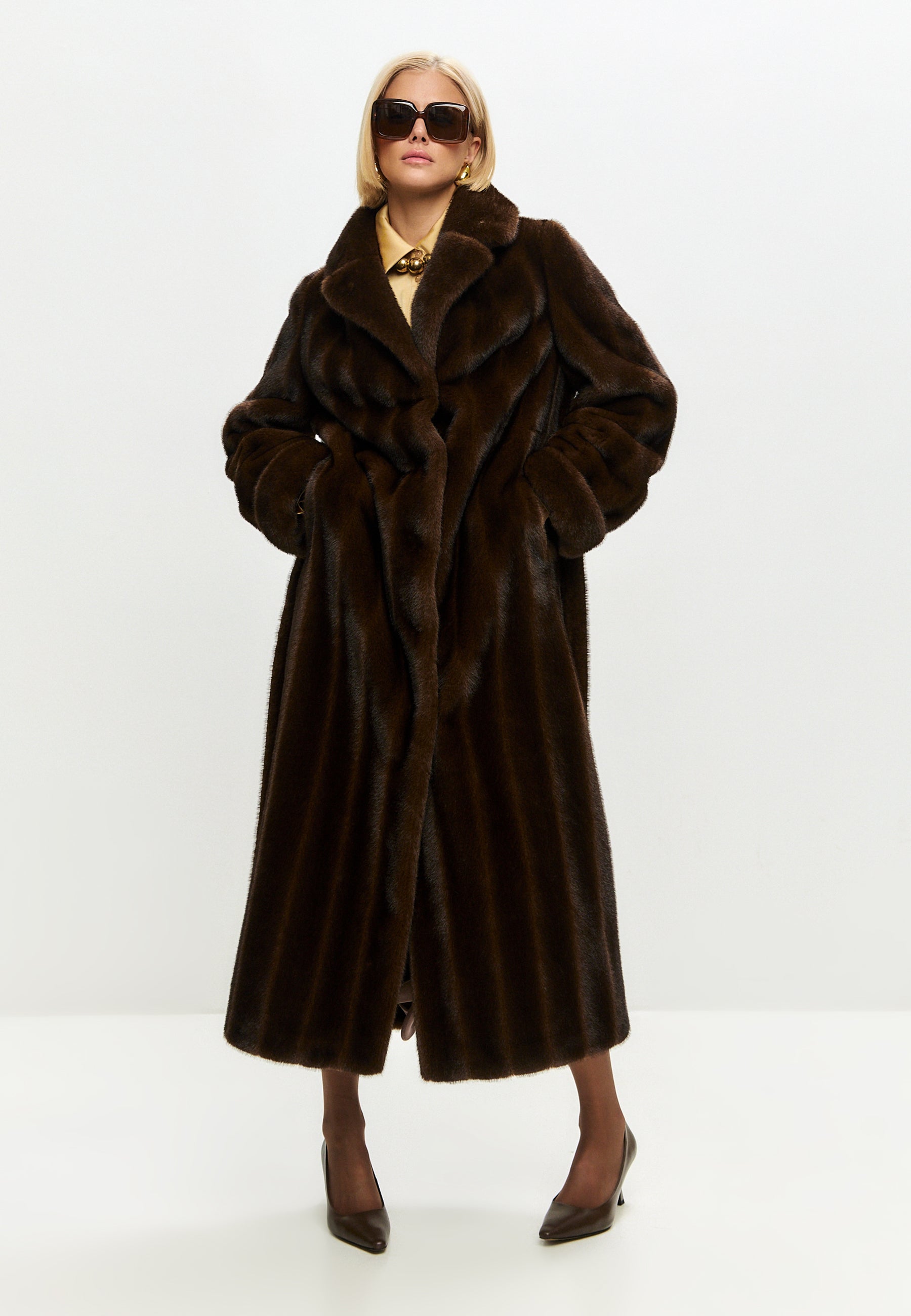 Dark Brown Maxi Faux Fur Coat – Belted Luxury Winter Statement