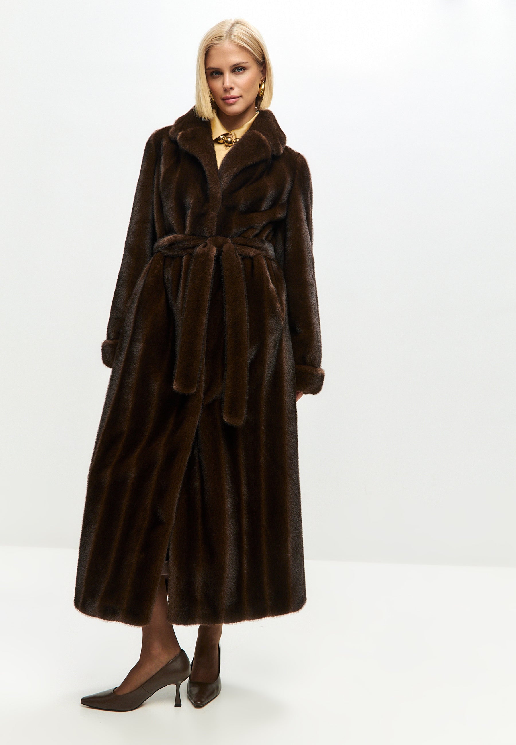 Dark Brown Maxi Faux Fur Coat – Belted Luxury Winter Statement