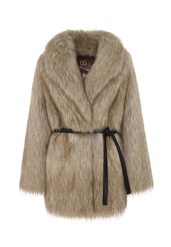Golden Beige Faux Fur Belted Coat