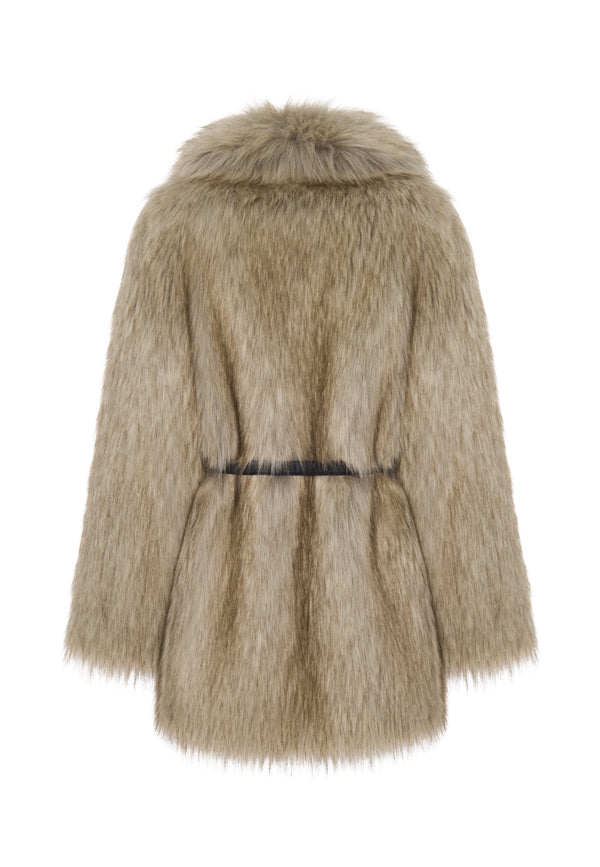 Golden Beige Faux Fur Belted Coat
