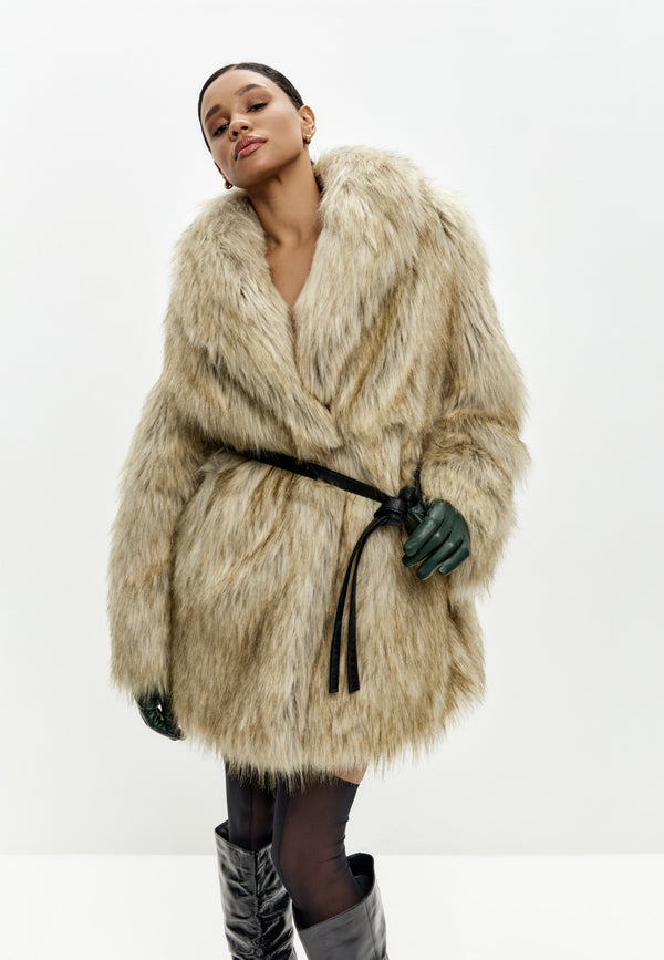 Golden Beige Faux Fur Belted Coat