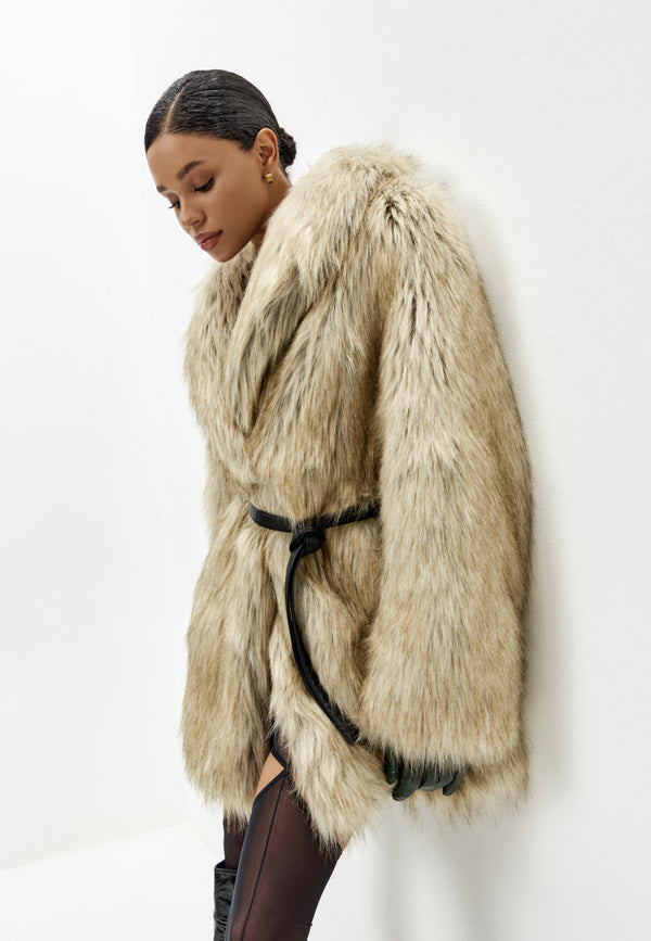 Golden Beige Faux Fur Belted Coat