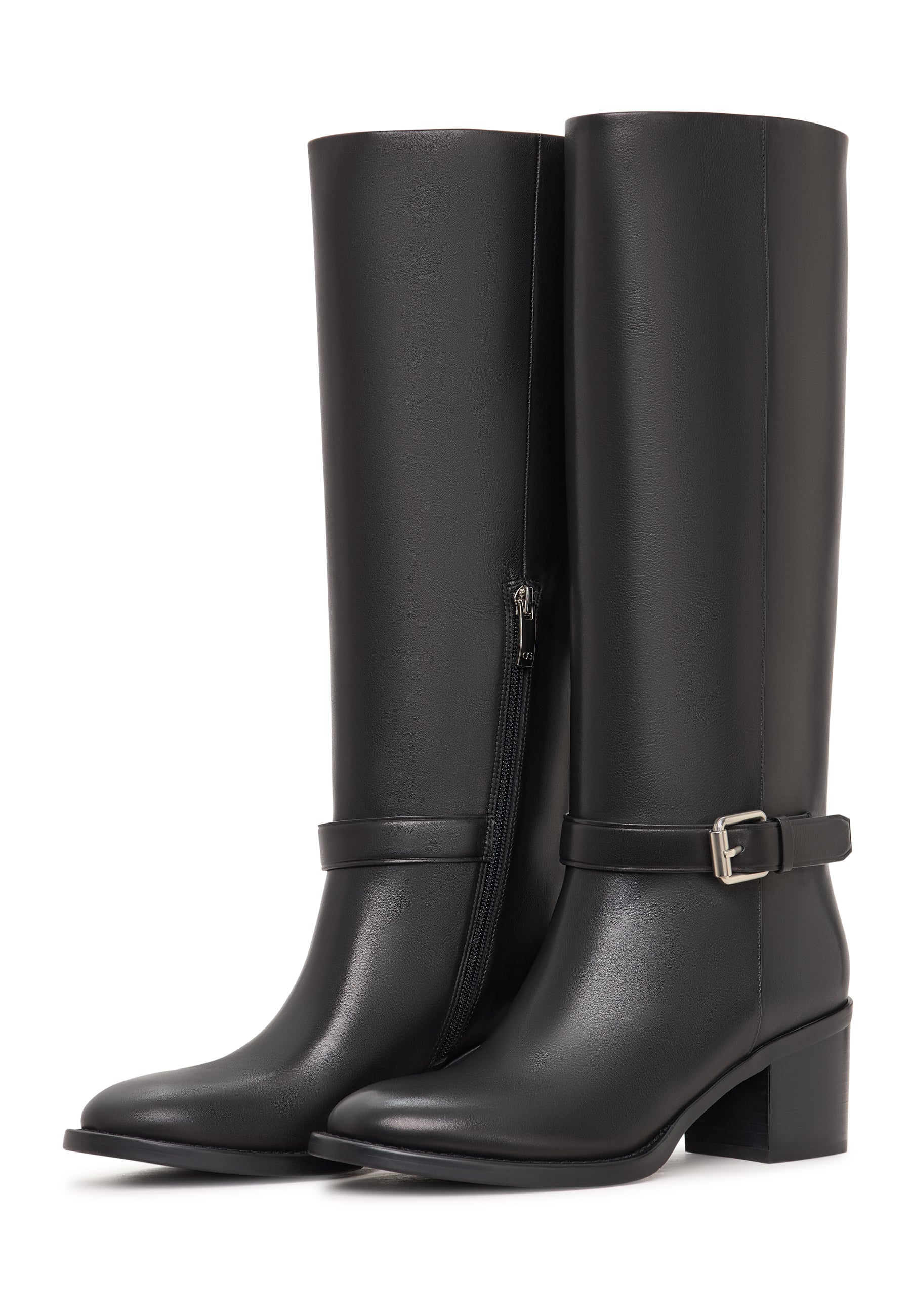 Leather Knee-High Block Heel Boots Beth - Black