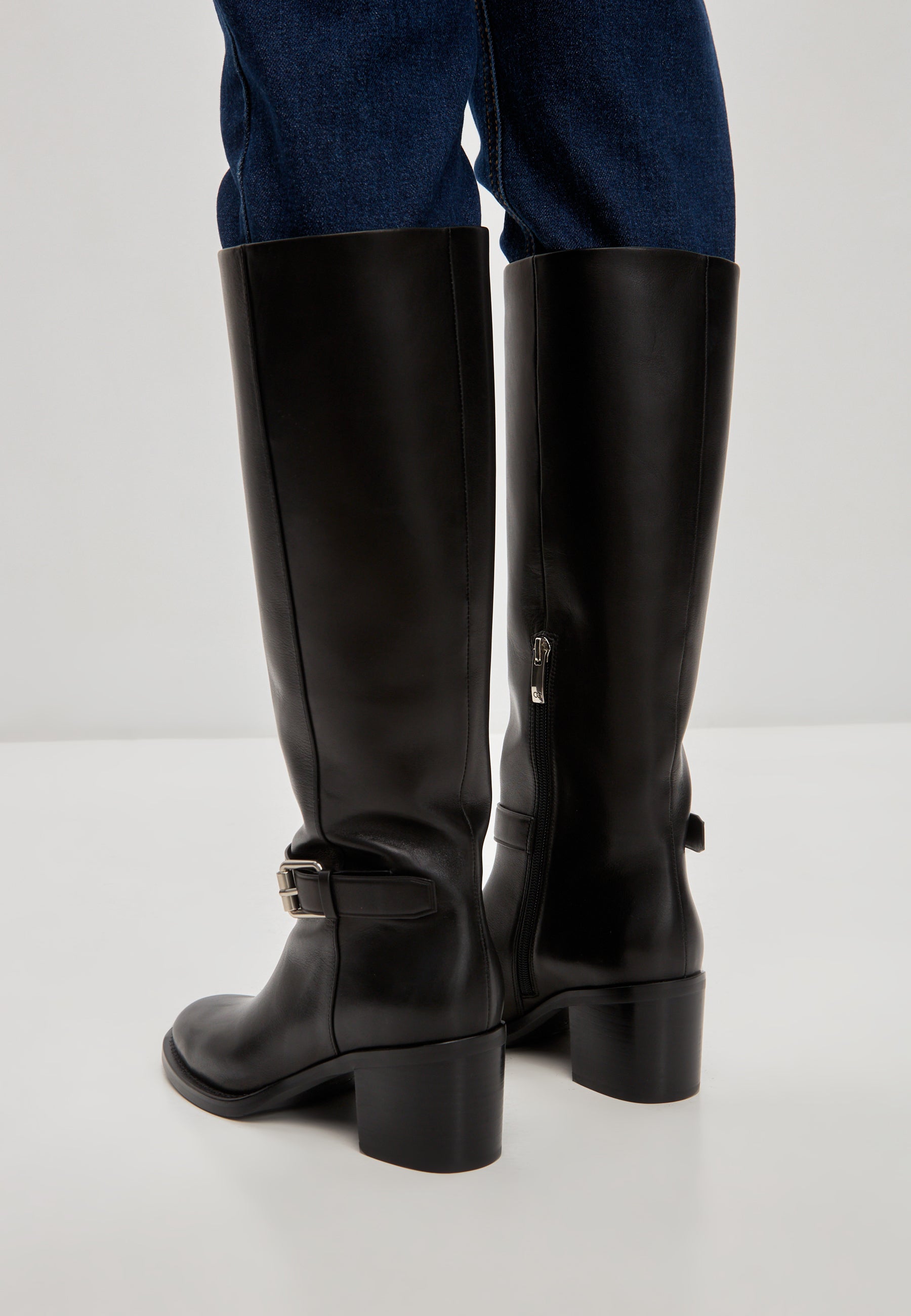 Leather Knee-High Block Heel Boots Beth - Black