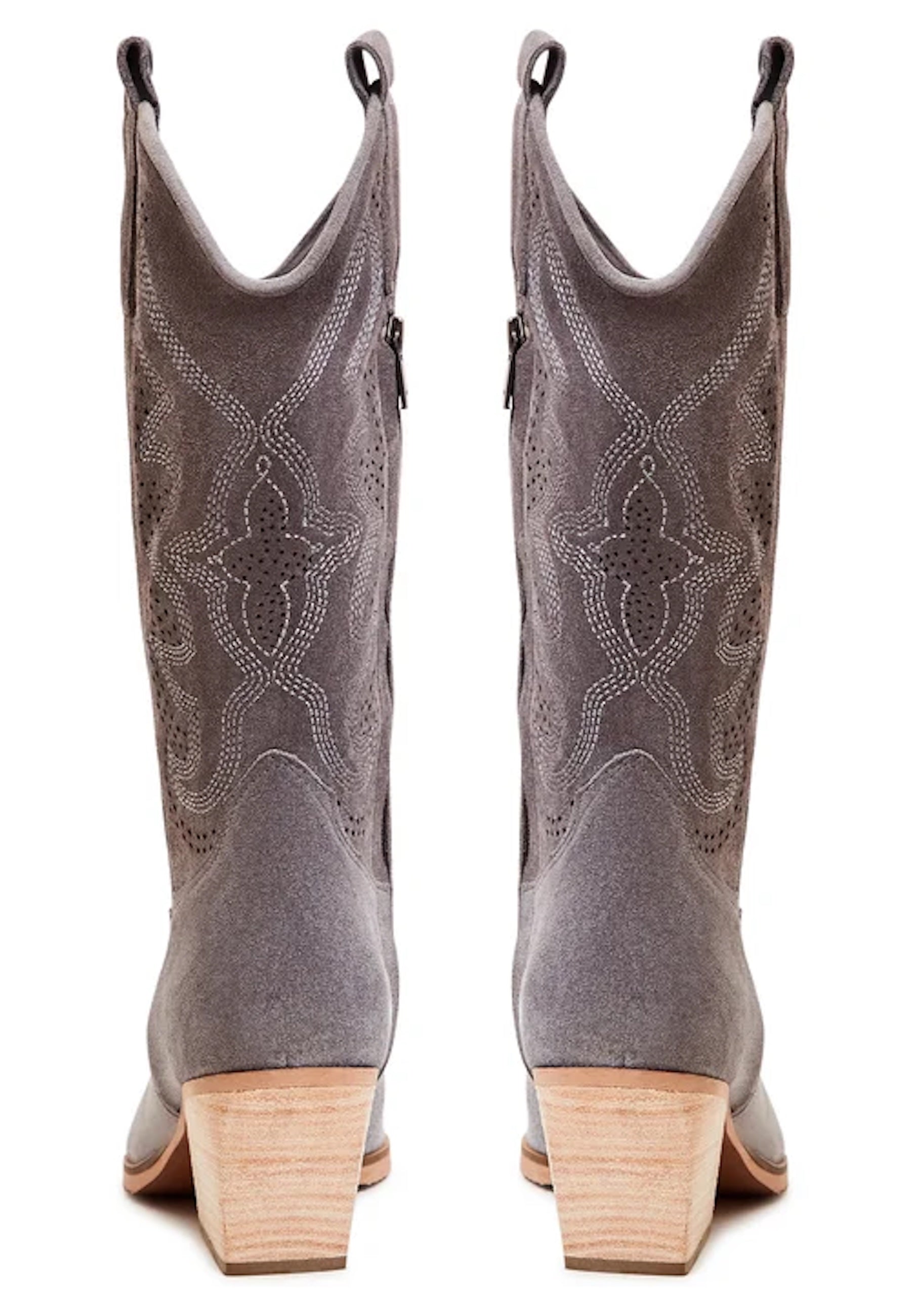 Embroidered Leather Cowboy Boots - Gray