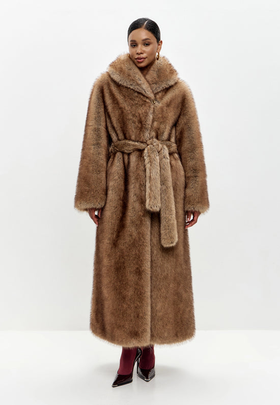 Couture Faux Fur Maxi Coat - Sable Brown