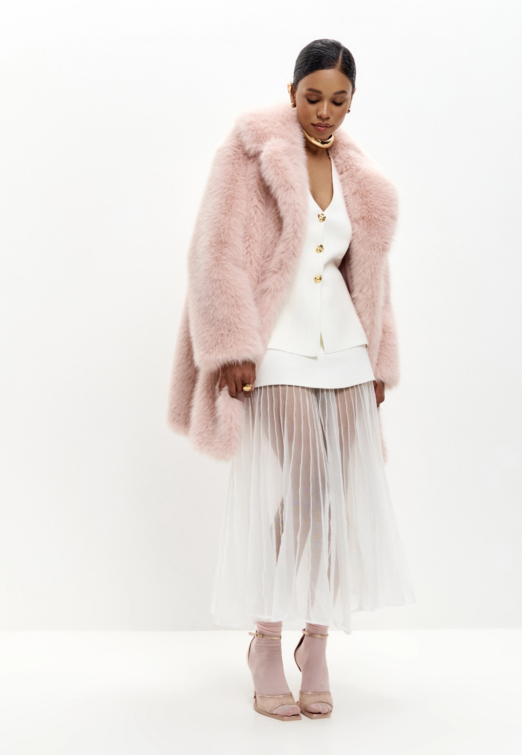 Oversized Faux Fur Coat with Collar – Pink
