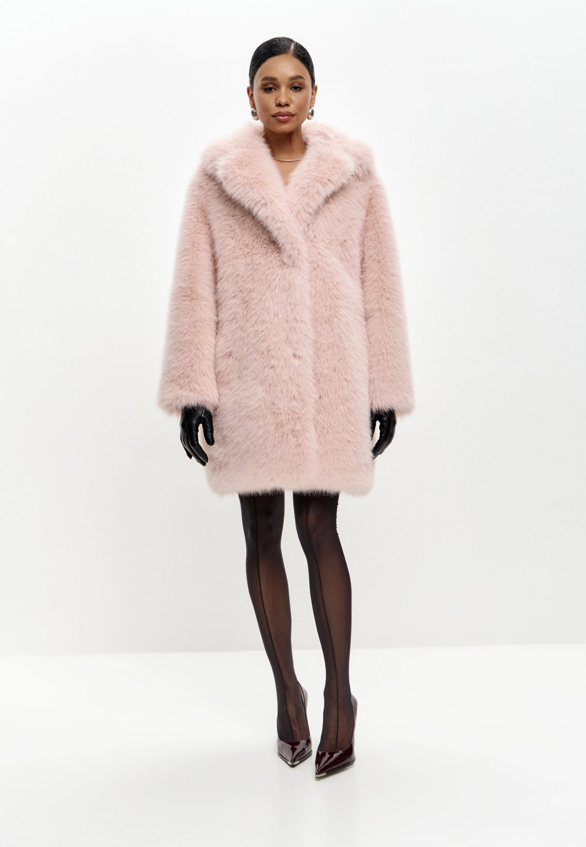 Oversized Faux Fur Coat with Collar – Pink