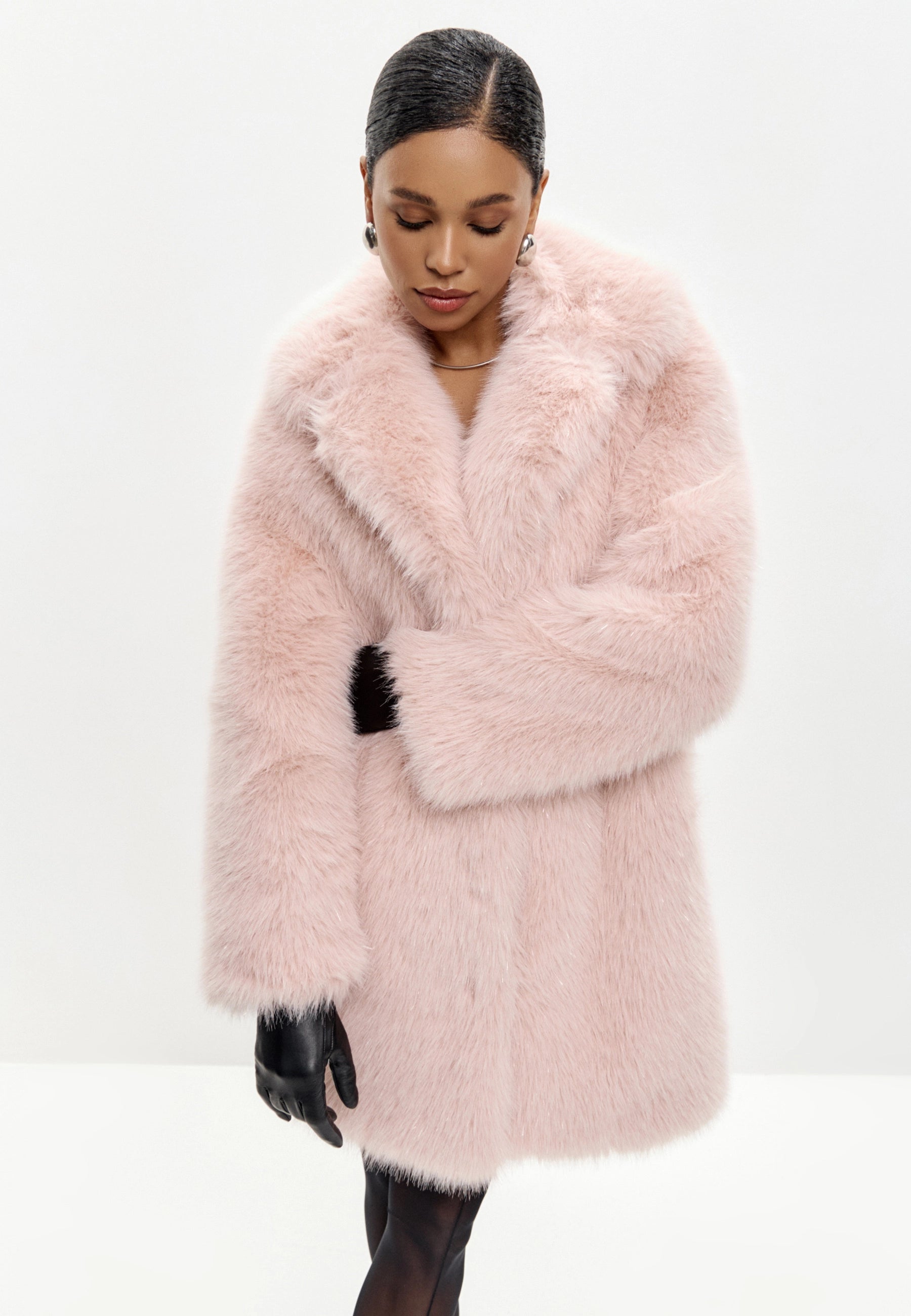 Oversized Faux Fur Coat with Collar – Pink