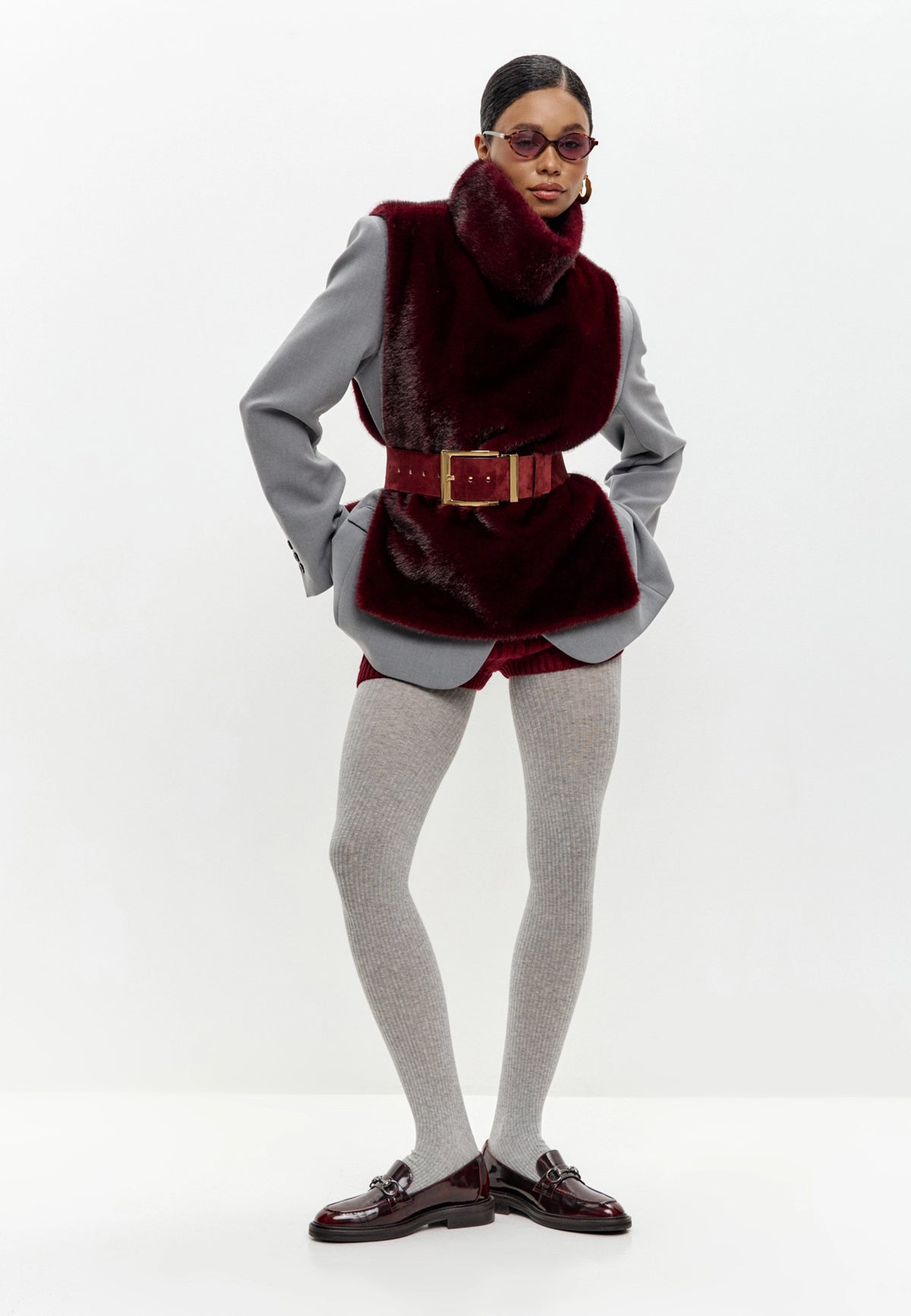 Faux Fur Sleeveless Sculpted Top with Collar – Bordeaux