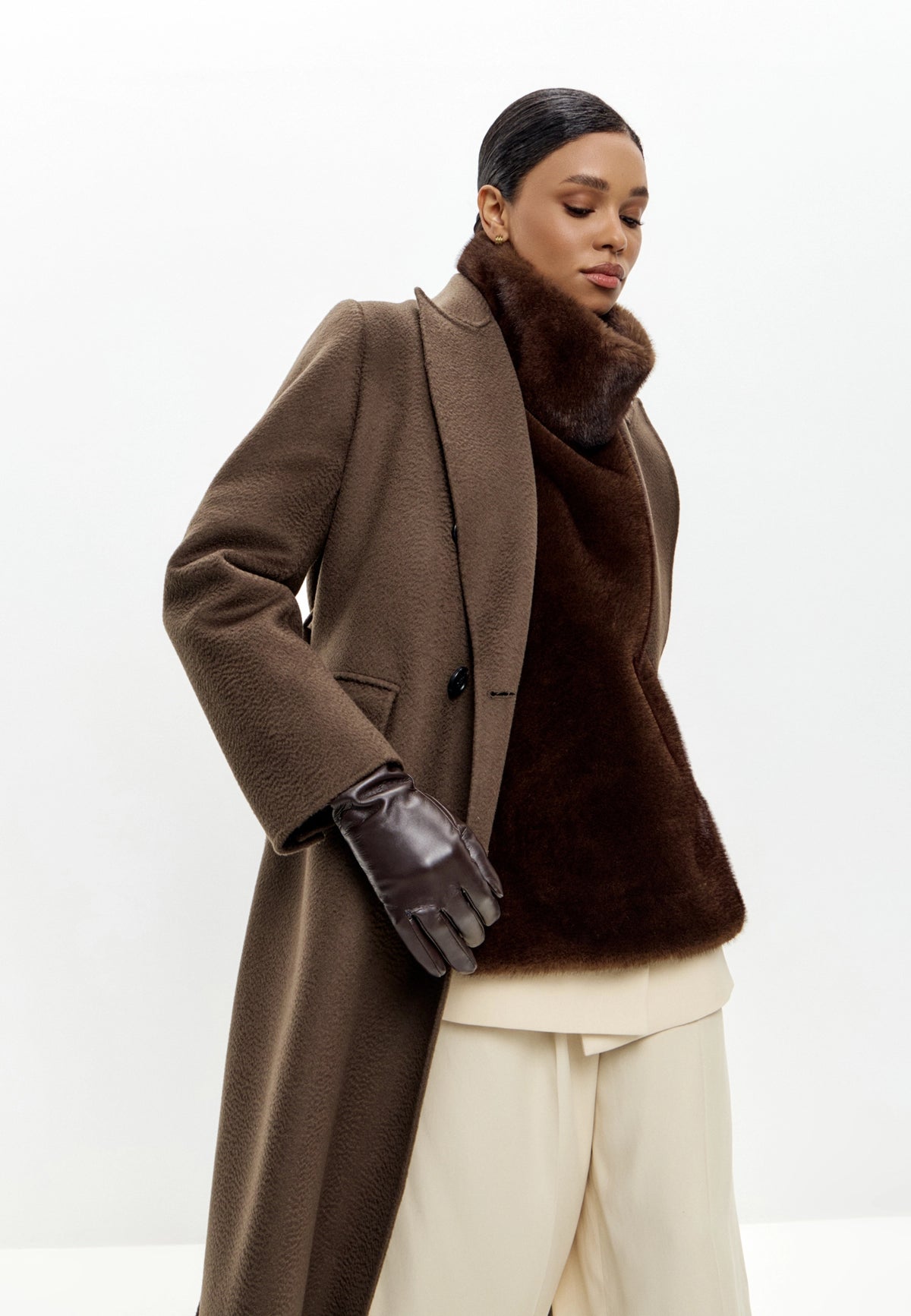 Faux Fur Sleeveless Sculpted Top with Collar – Dark Brown