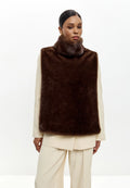 Faux Fur Sleeveless Sculpted Top with Collar – Dark Brown
