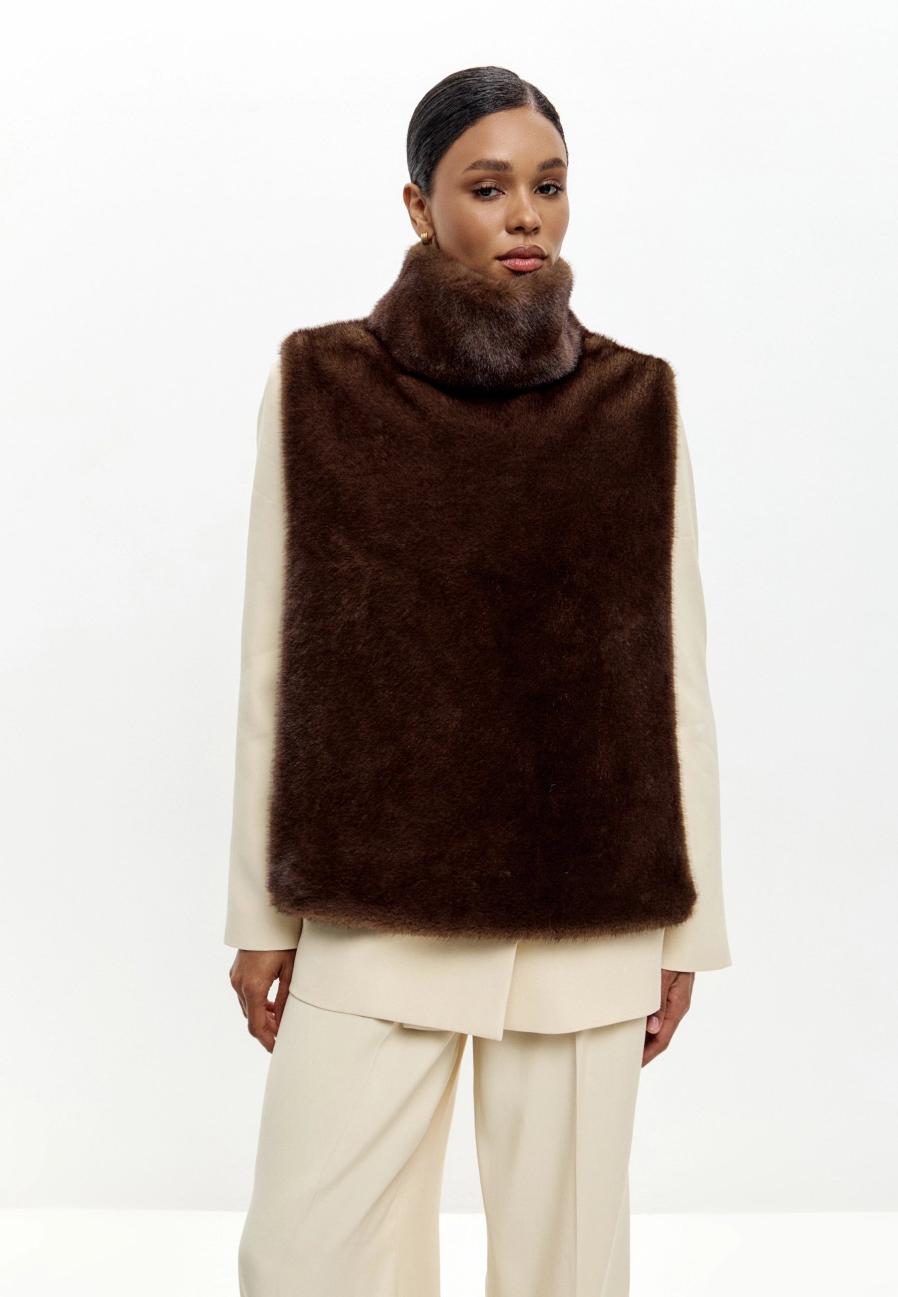 Faux Fur Sleeveless Sculpted Top with Collar – Dark Brown
