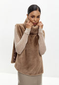 Faux Fur Sleeveless Sculpted Top with Collar – Ligth brown