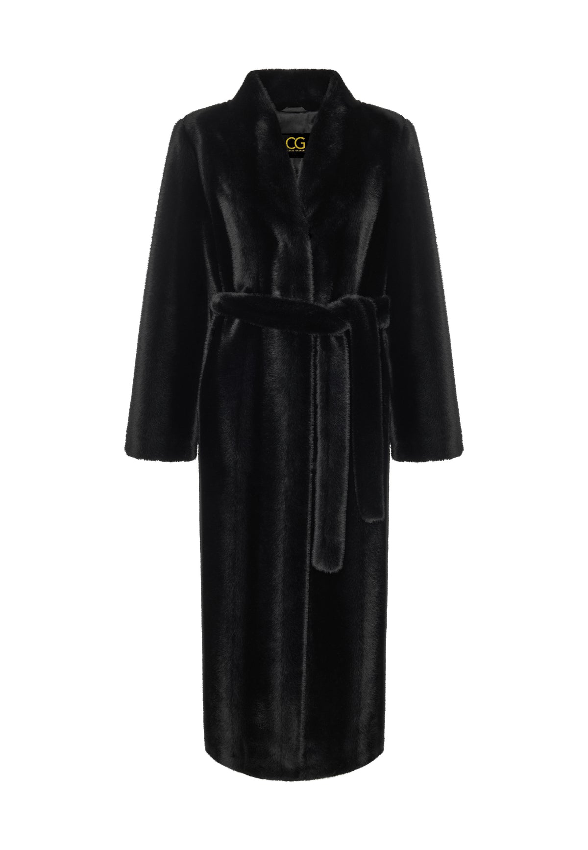 Full-Length Belted Faux Fur Coat – Black