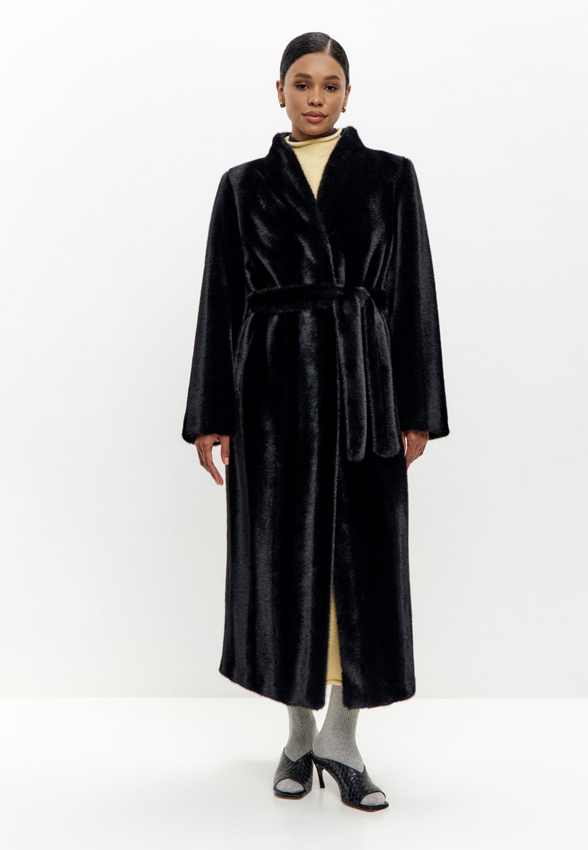 Full-Length Belted Faux Fur Coat – Black