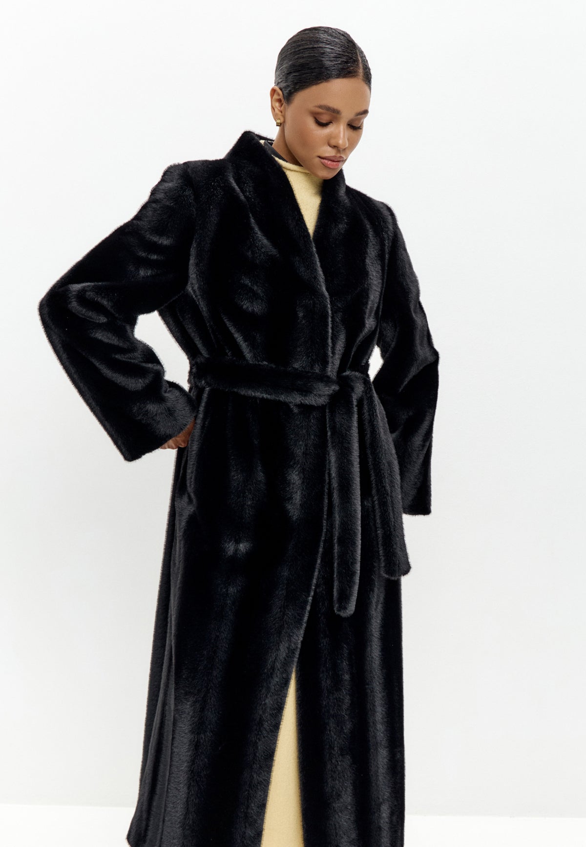 Full-Length Belted Faux Fur Coat – Black