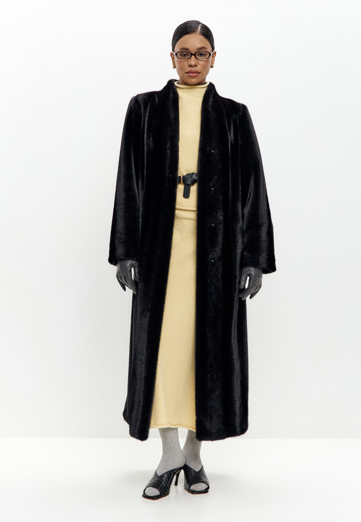Full-Length Belted Faux Fur Coat – Black