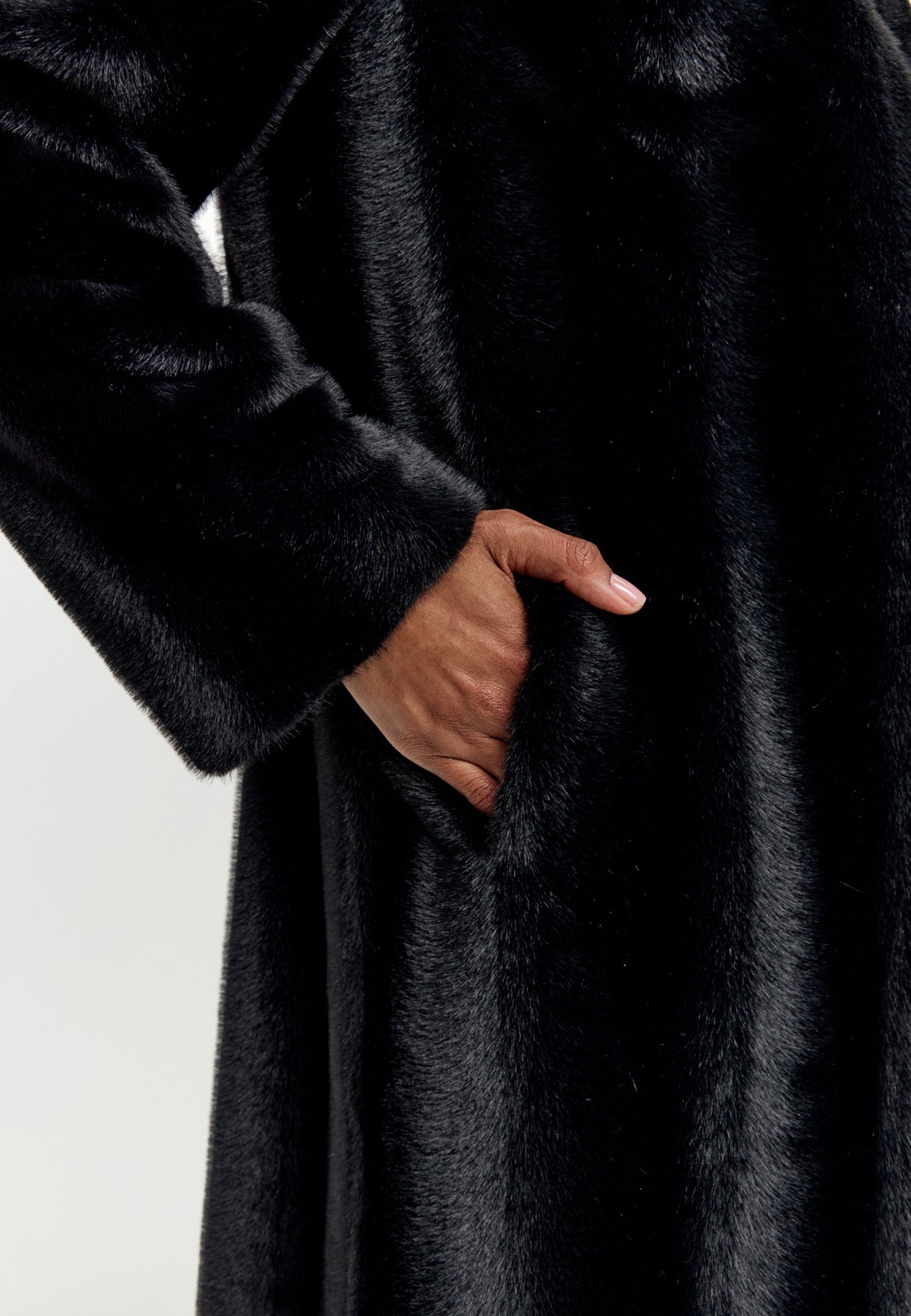 Full-Length Belted Faux Fur Coat – Black
