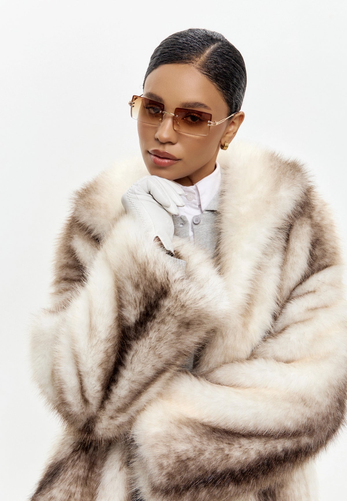 Striped Faux Fur Coat with Wide Collar – Beige