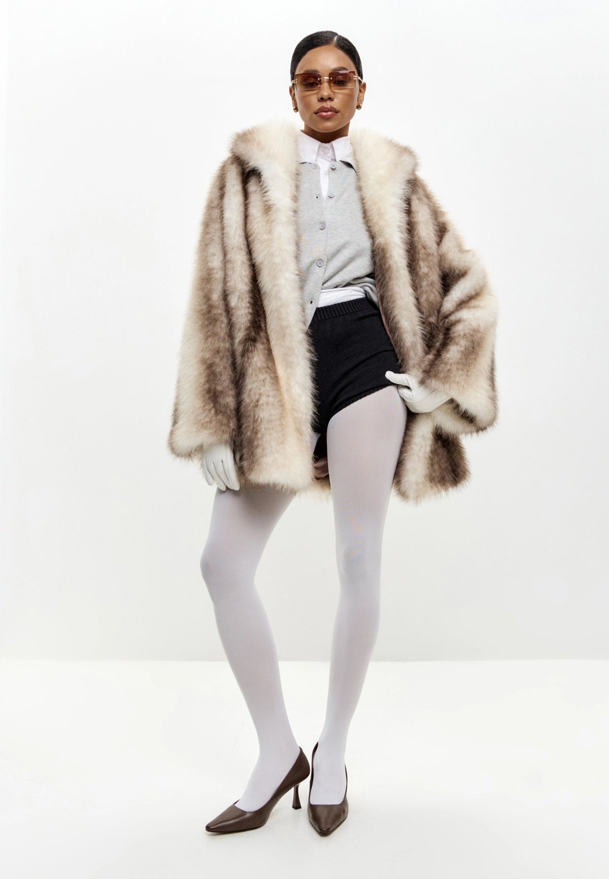 Striped Faux Fur Coat with Wide Collar – Beige