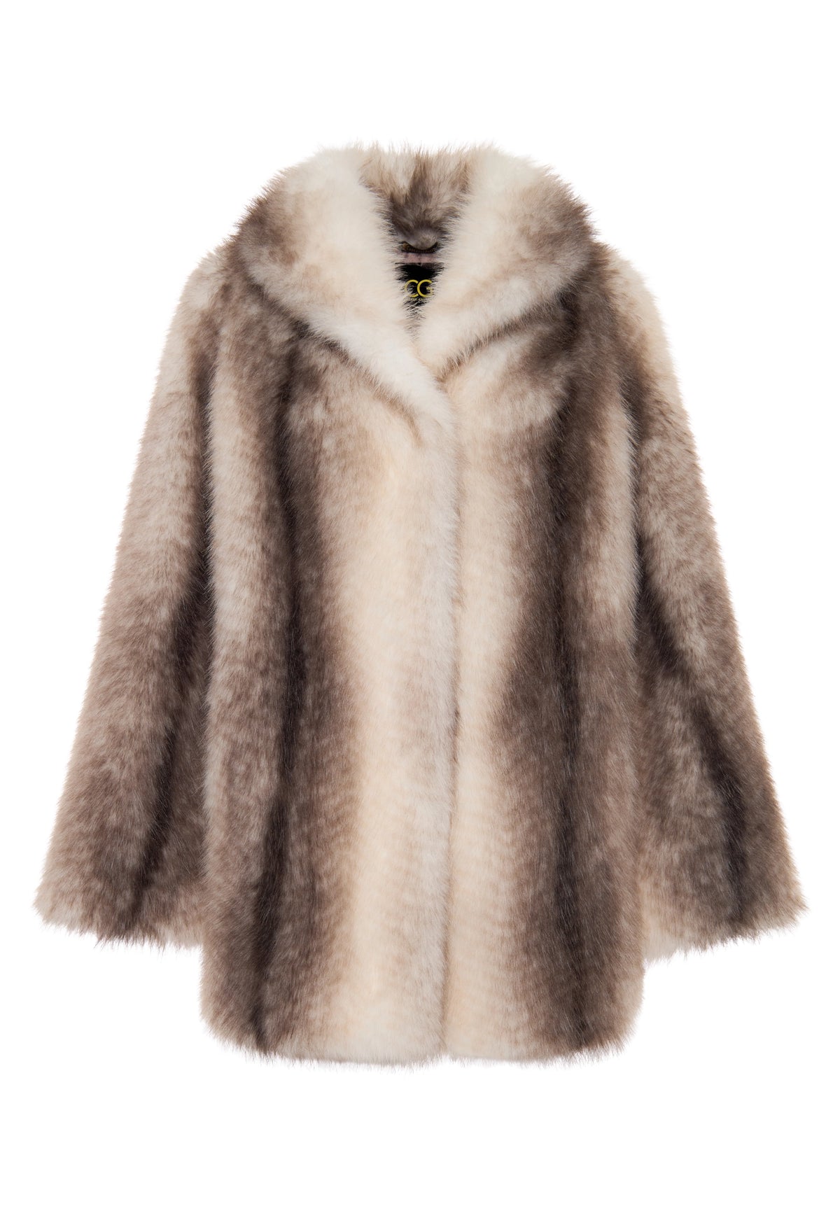Striped Faux Fur Coat with Wide Collar – Beige
