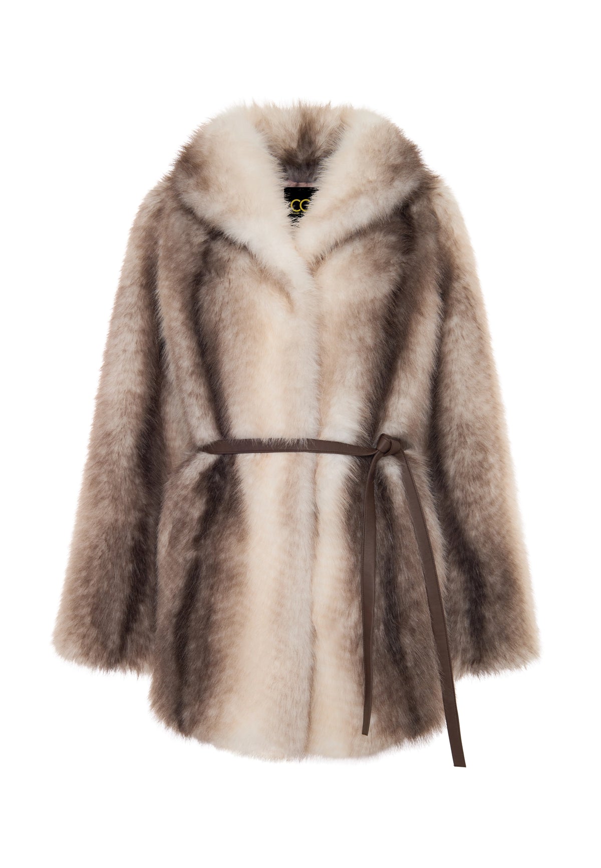 Striped Faux Fur Coat with Wide Collar – Beige