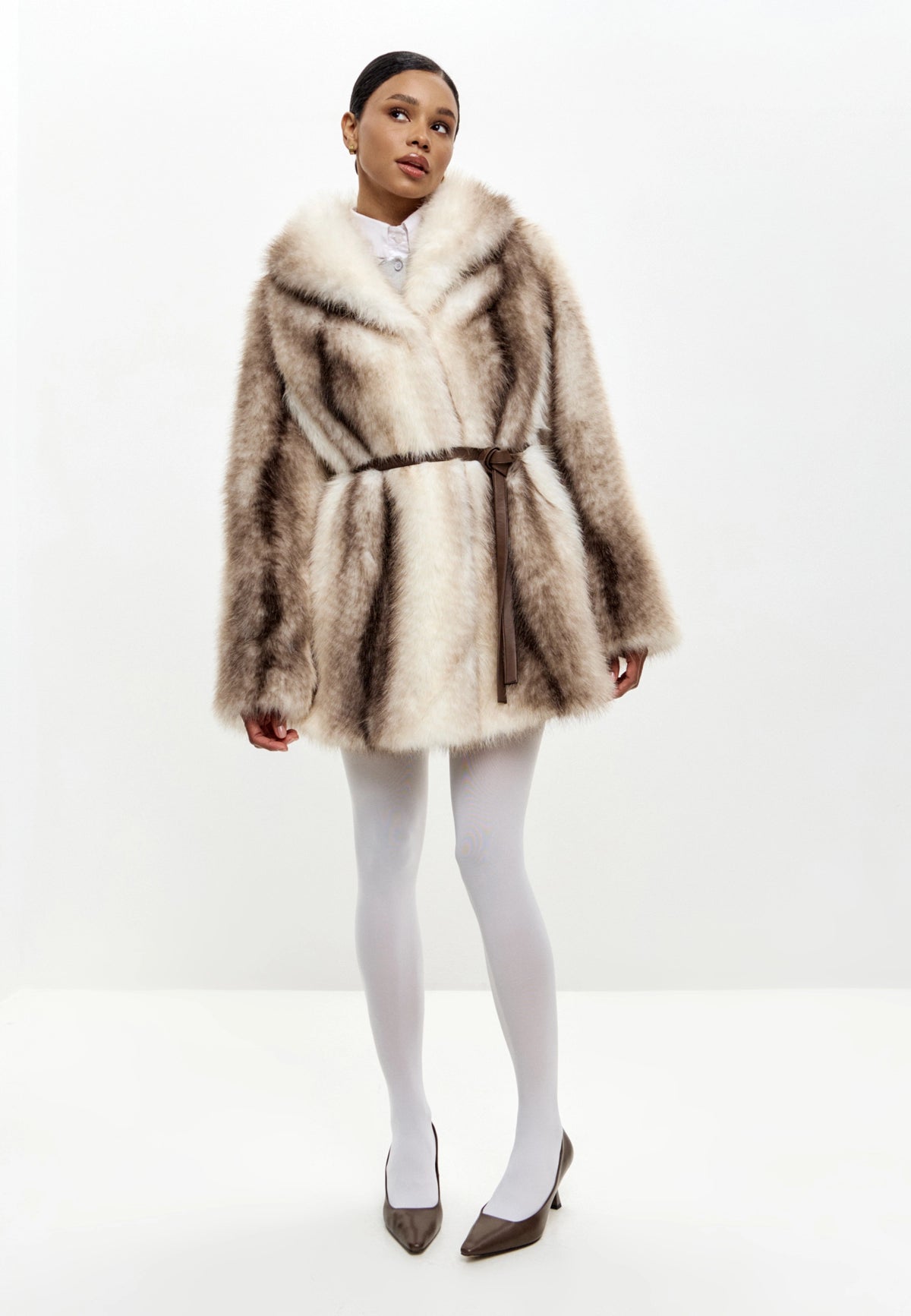Striped Faux Fur Coat with Wide Collar – Beige