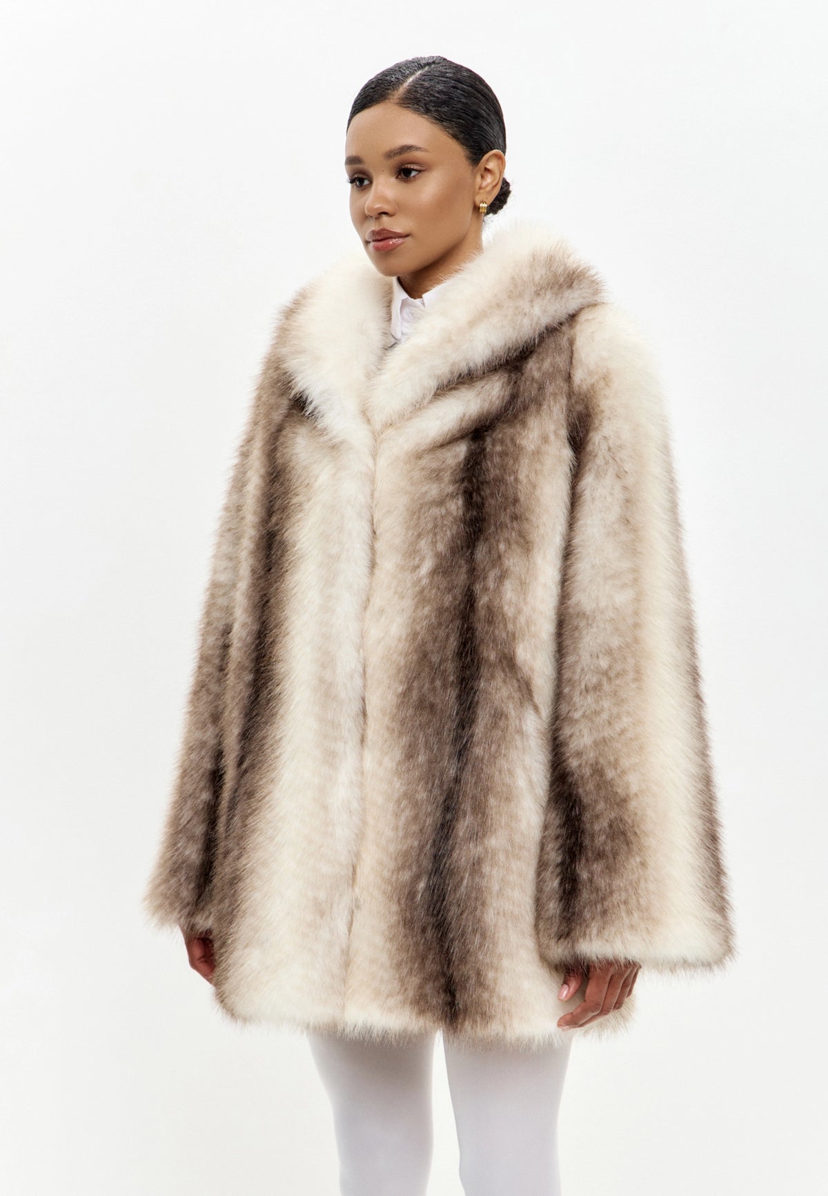 Striped Faux Fur Coat with Wide Collar – Beige