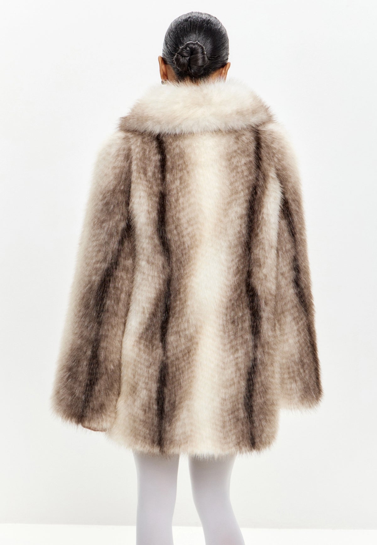Striped Faux Fur Coat with Wide Collar – Beige
