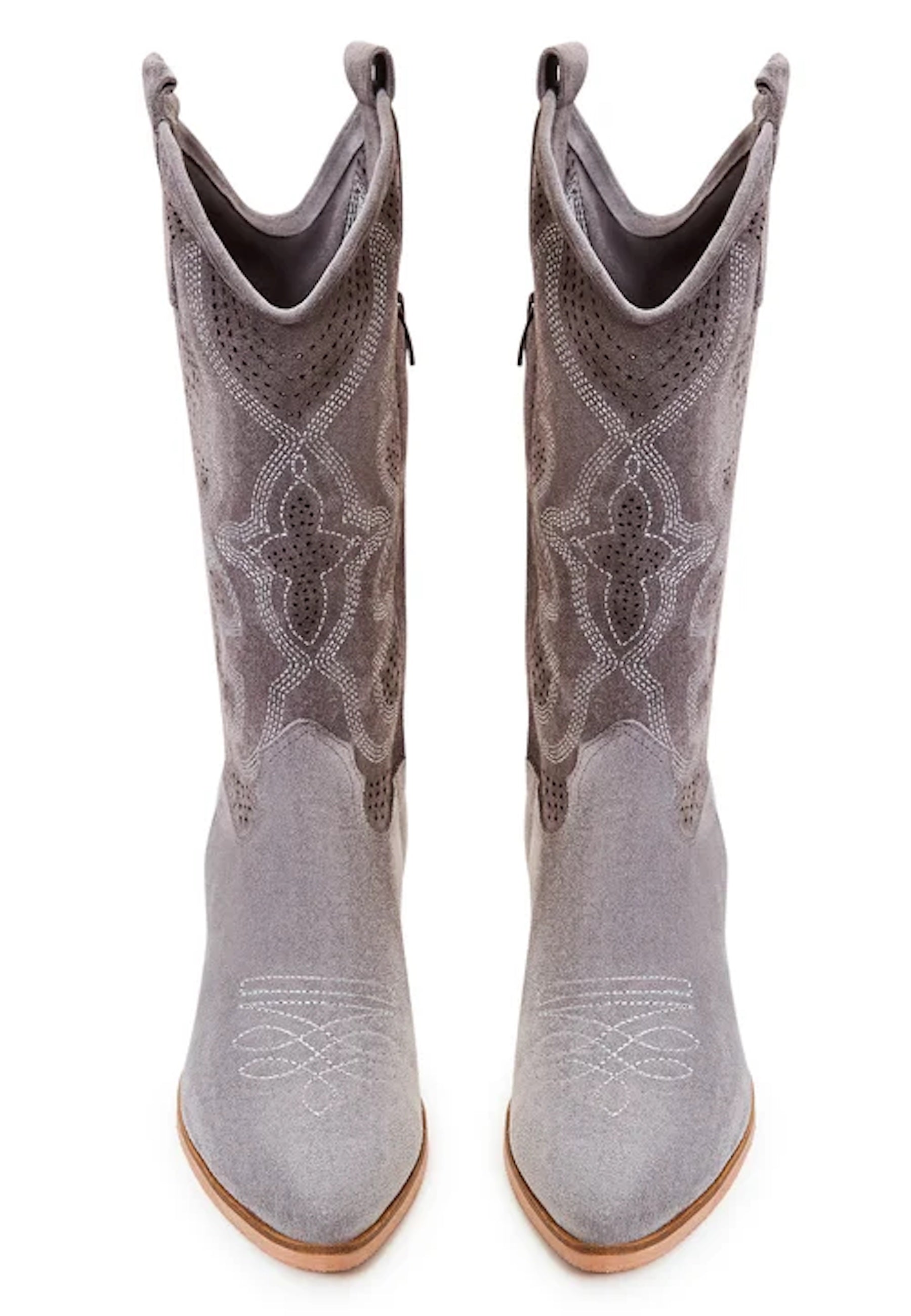 Embroidered Leather Cowboy Boots - Gray