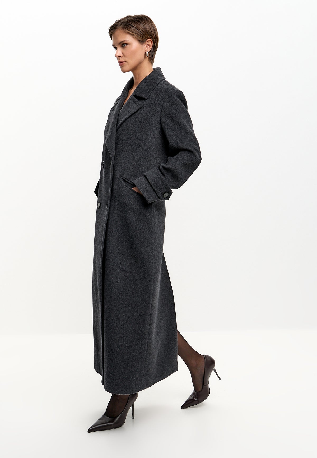 Double Breasted Wool Blend Coat - Graphite