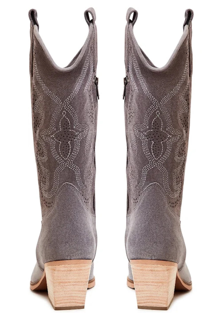 Broderede cowboystøvler i læder - Grå