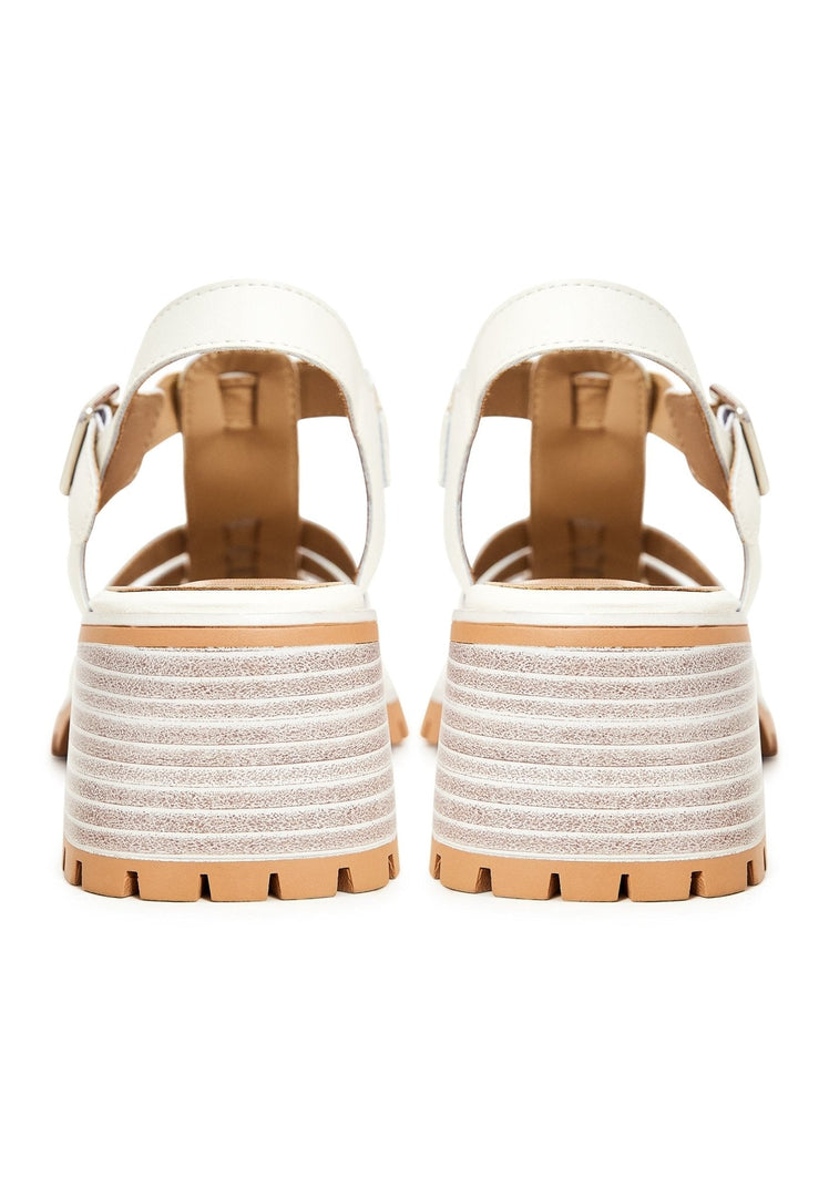Leather Block Heels Sandals - Beige