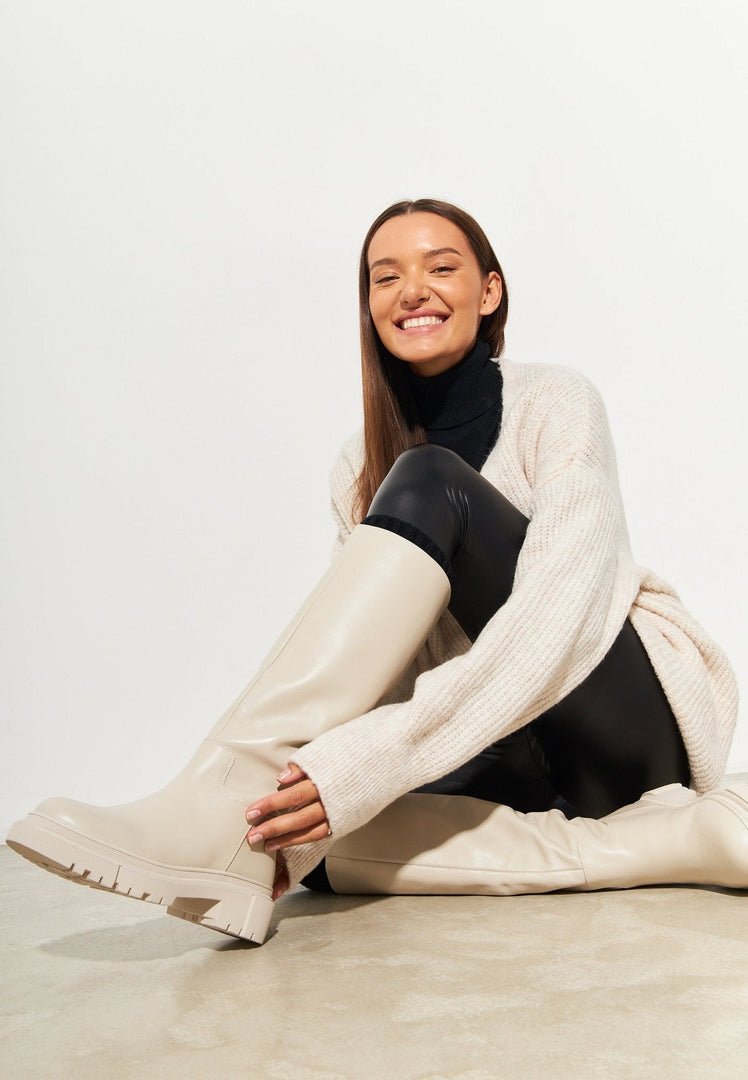 Leather Knee High Boots Anastasia - Beige