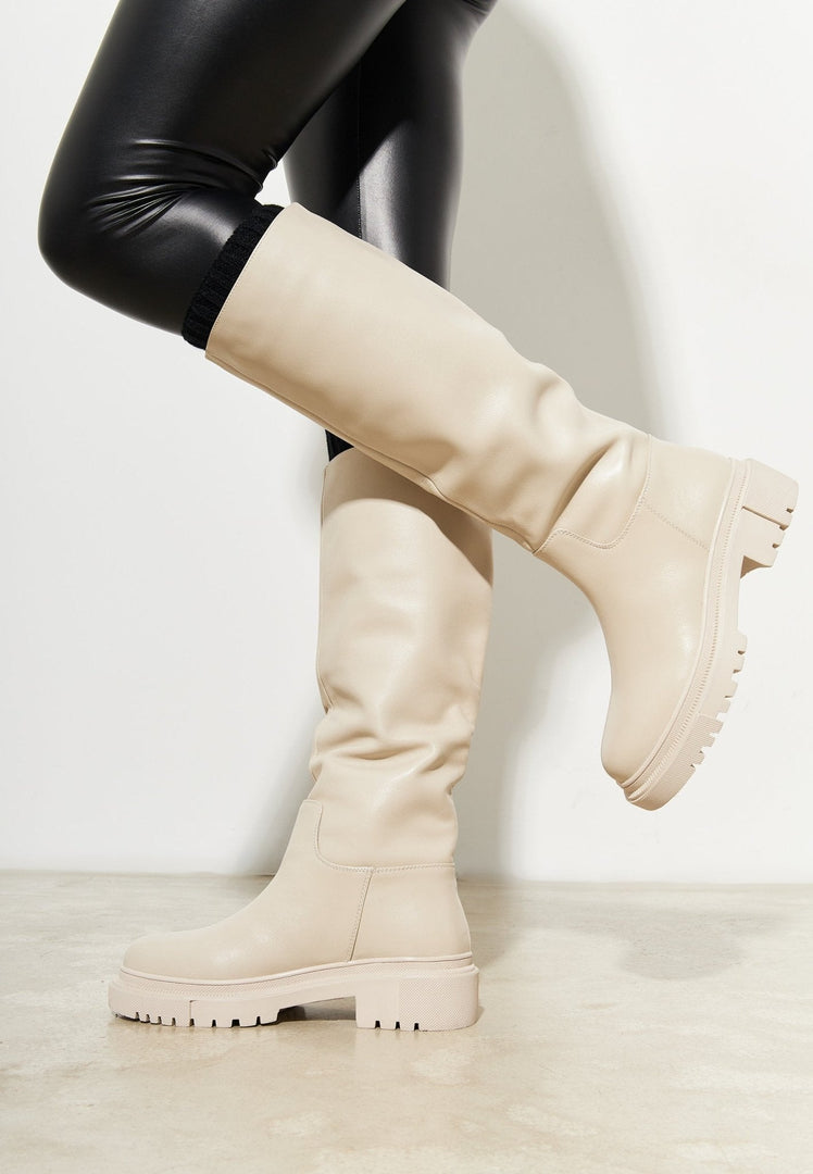 Leather Knee High Boots Anastasia - Beige