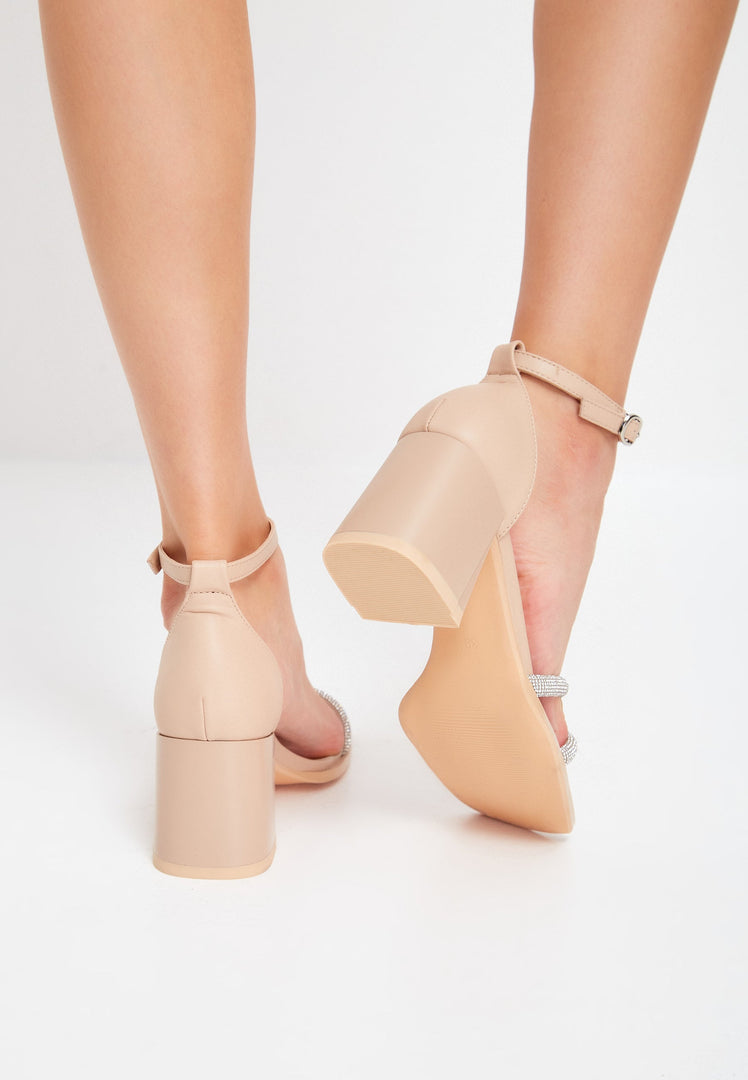 Open Toe Leather Block Heeled Sandals - Beige