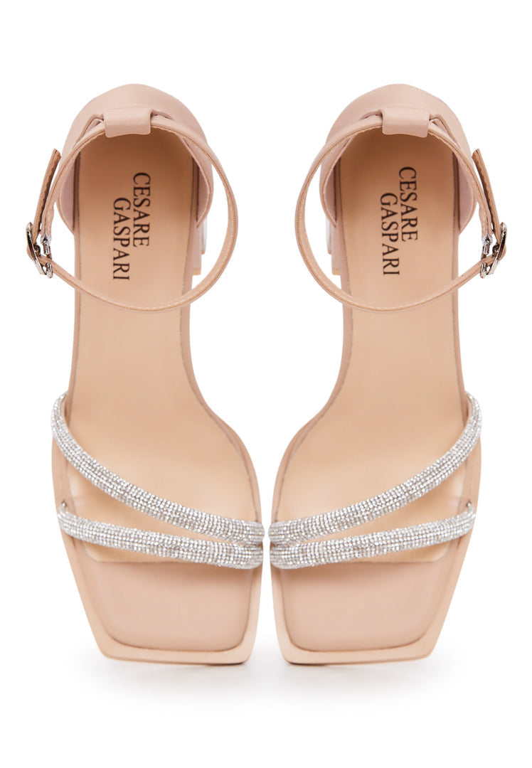 Open Toe Leather Block Heeled Sandals - Beige