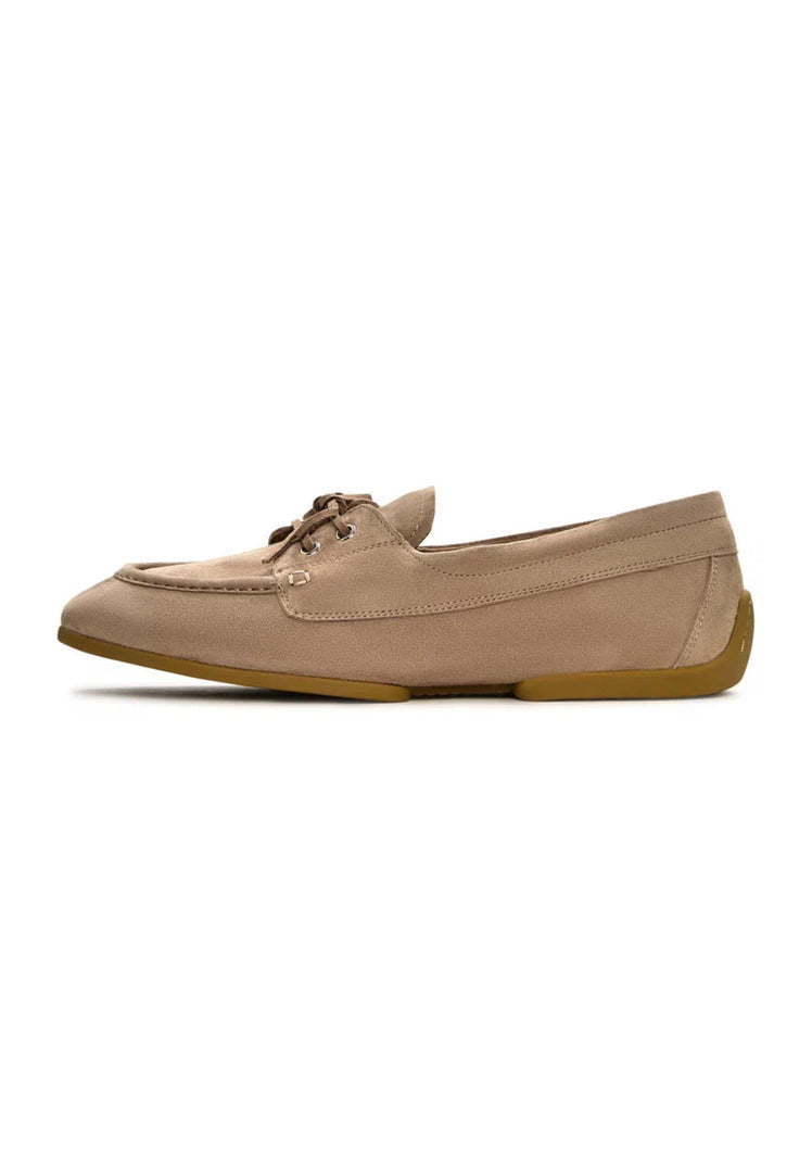 Suede Lace-Up Loafers - Beige