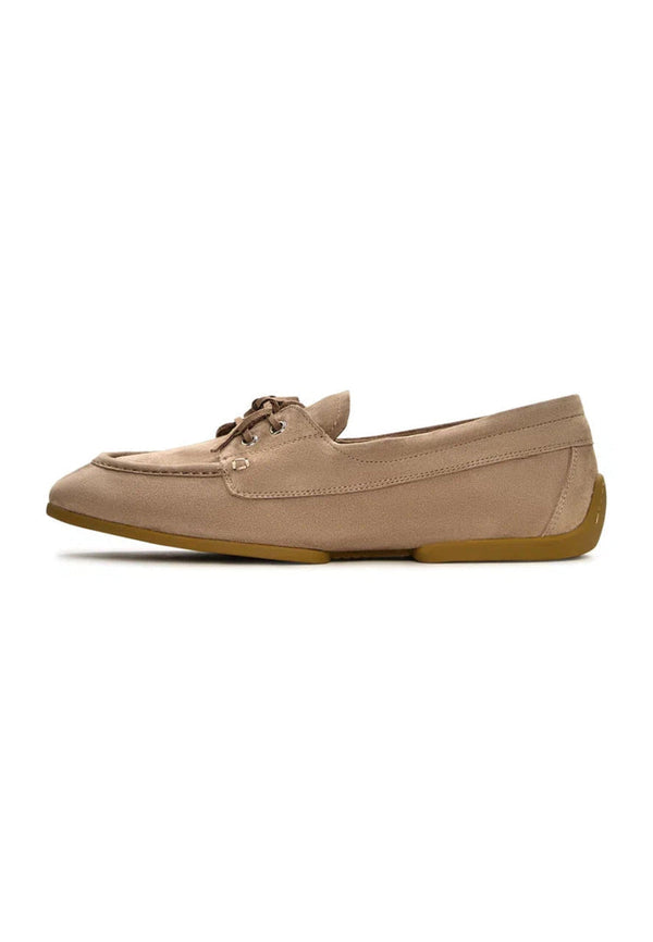 Suede Lace-Up Loafers - Beige