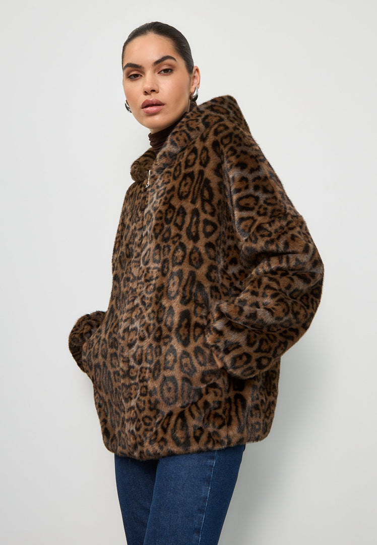A fashionable faux fur hooded leopard jacket, the Reyna leopard jacket, a trendy women's outerwear piece.