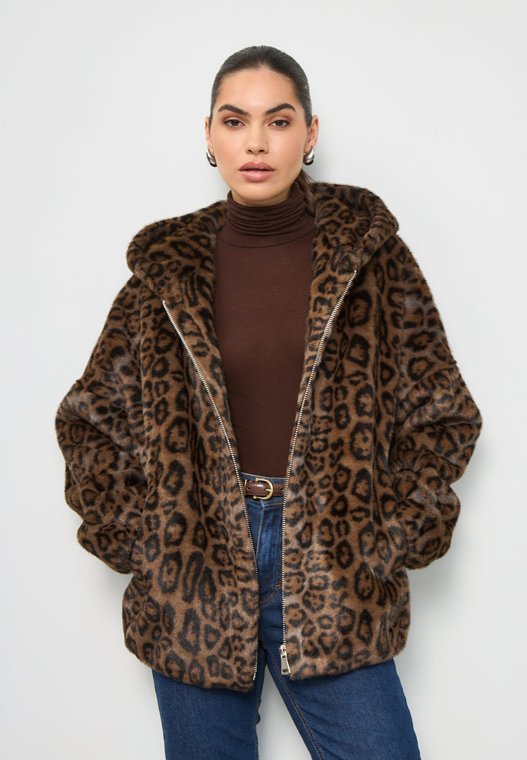 Stay fashion-forward with this trendy women's jacket - the stylish faux fur Reyna leopard jacket with a hood. This faux fur outerwear is a must-have for your wardrobe!
