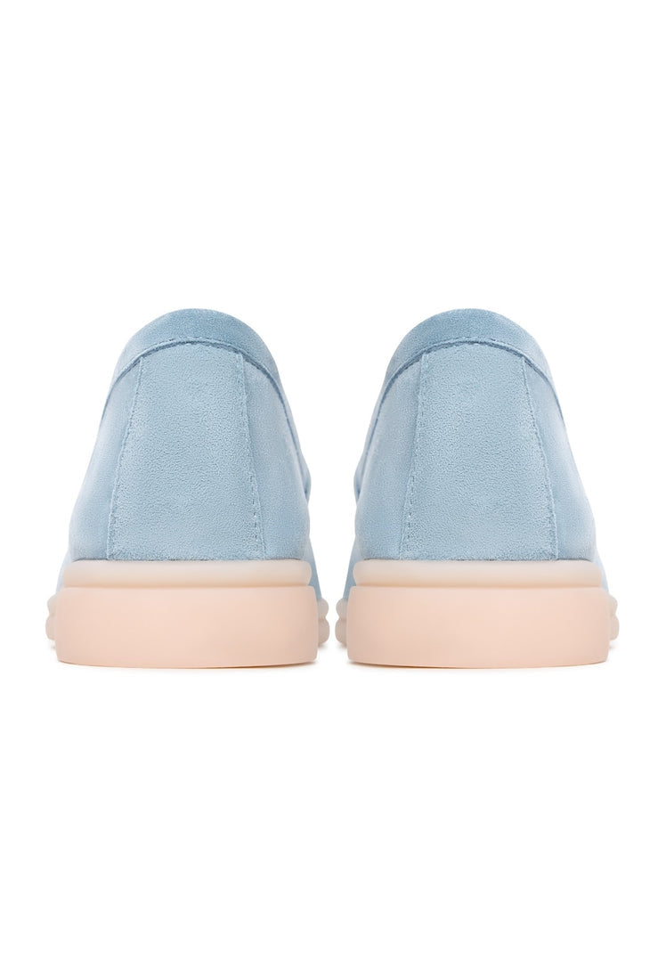 A pair of stylish blue platform moccasins by Aurelia Shoes for women.